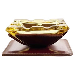 Mid Century Modernist Square Ashtray Amber Glass & Leather Vibe, Germany, 1970s