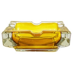 Mid Century Modernist Square Ashtray Golden and Amber Glass by Walther, 1970s