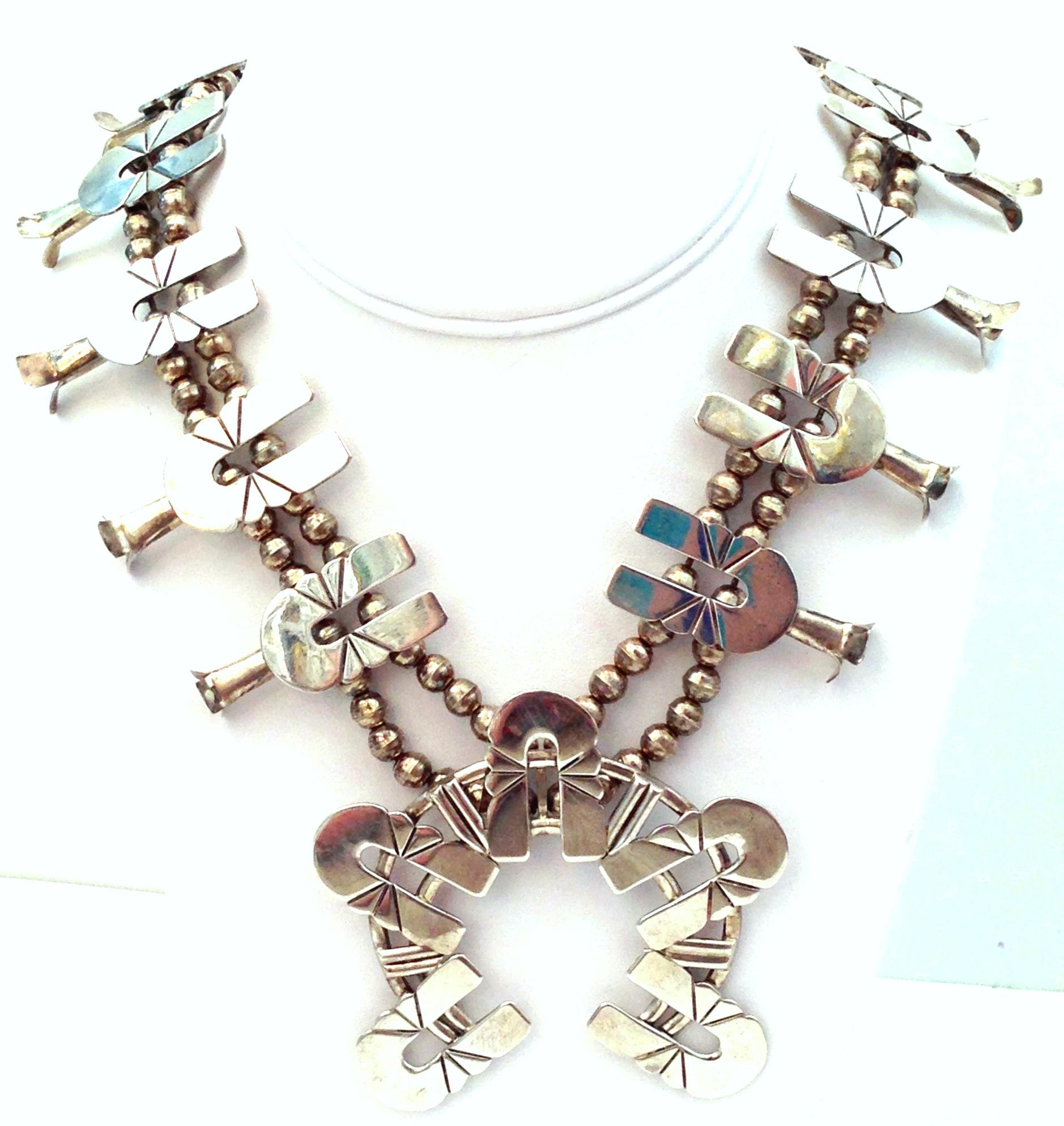 Native American Mid-Century Modernist Silver Navajo Style Squash Blossom Necklace