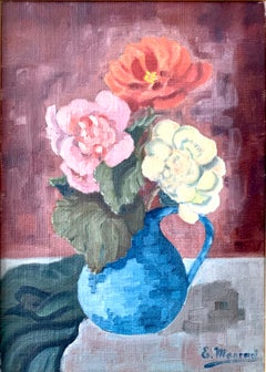 Mid century modernist still life painting of flowers in vase in strong colours