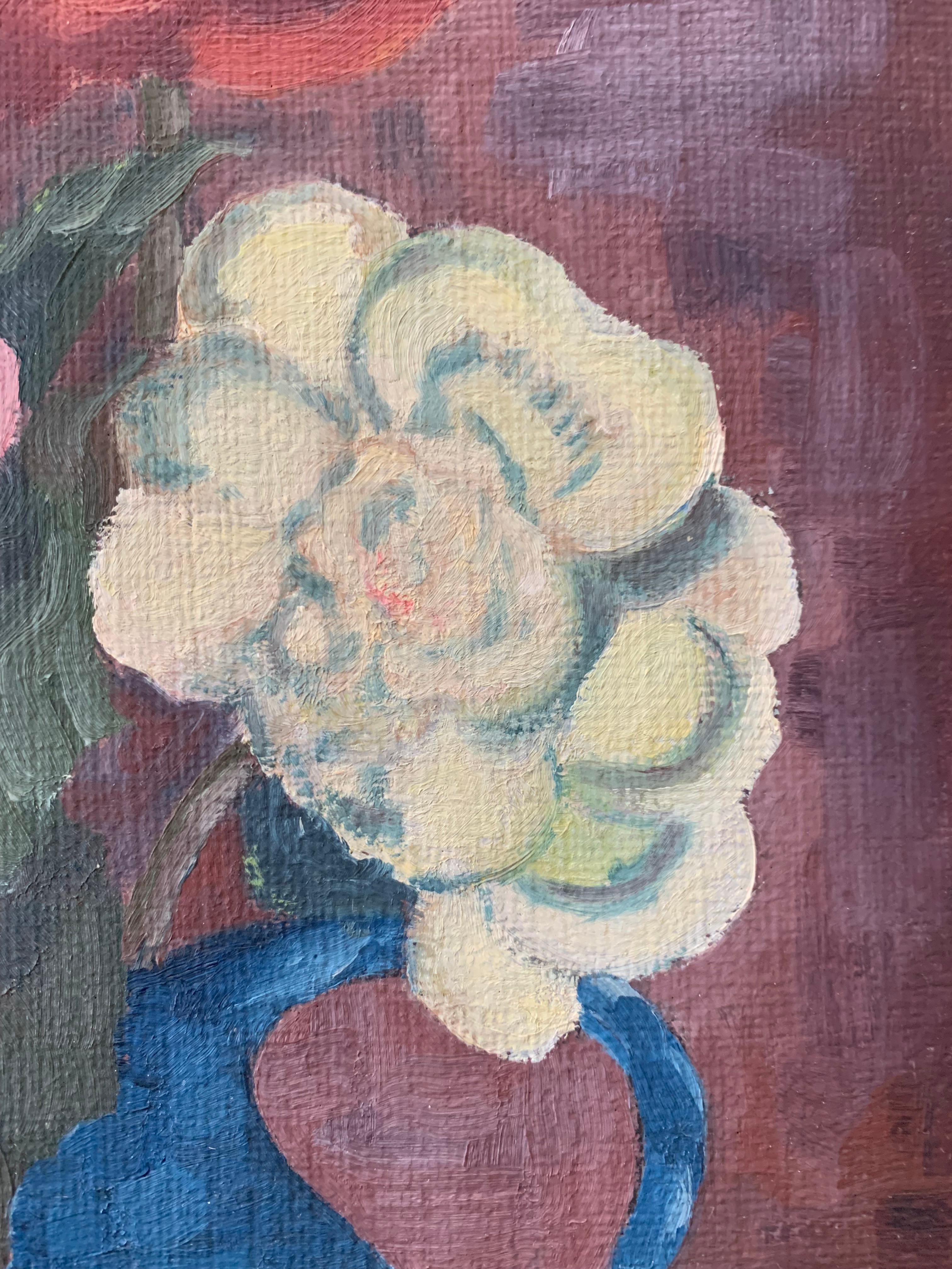 Bodegón modernista de mediados de siglo con flores en jarrón de colores fuertes Pintado en venta