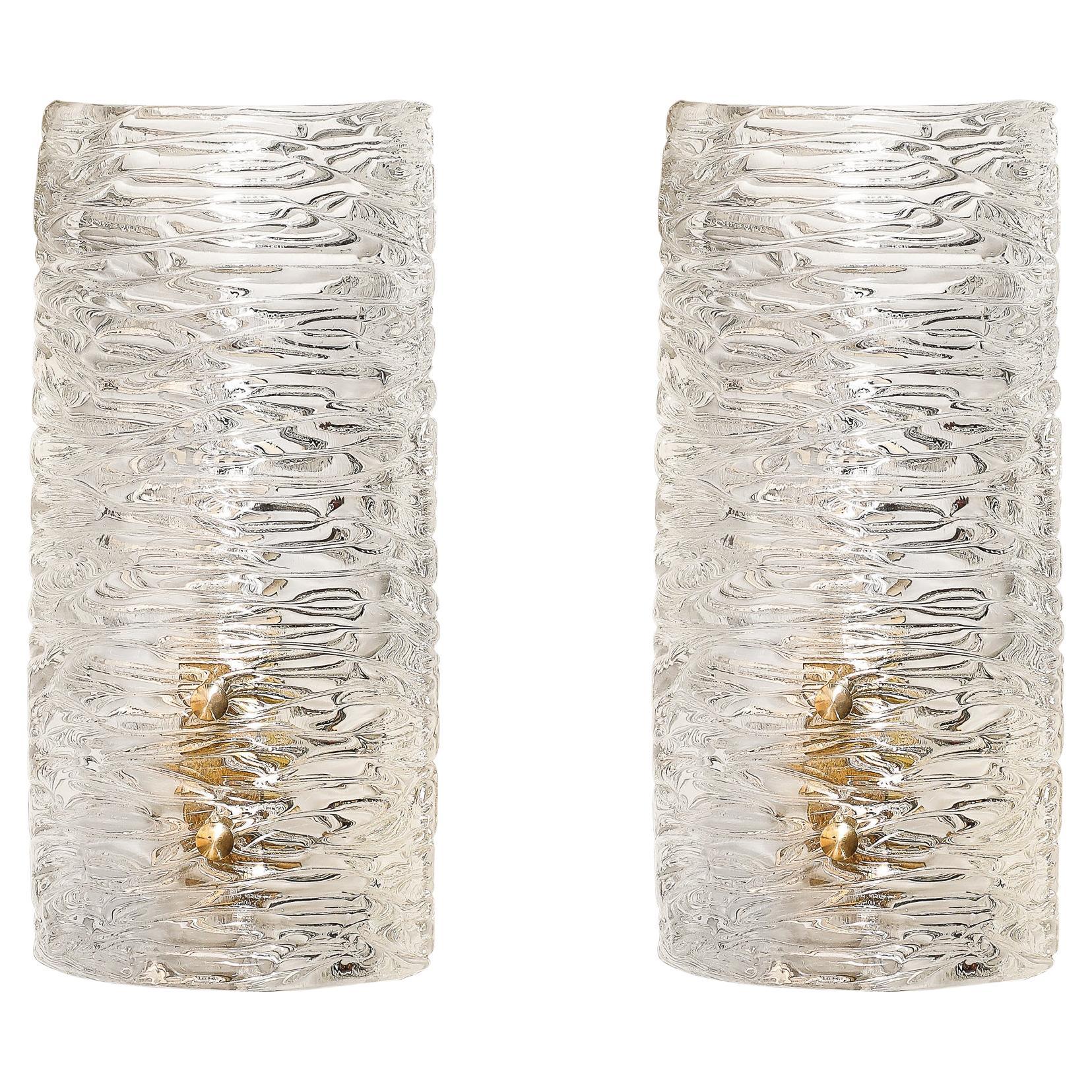 Mid-Century Modernist Striated Glass Sconces W/ Brass Fittings by Carl Fagerlund
