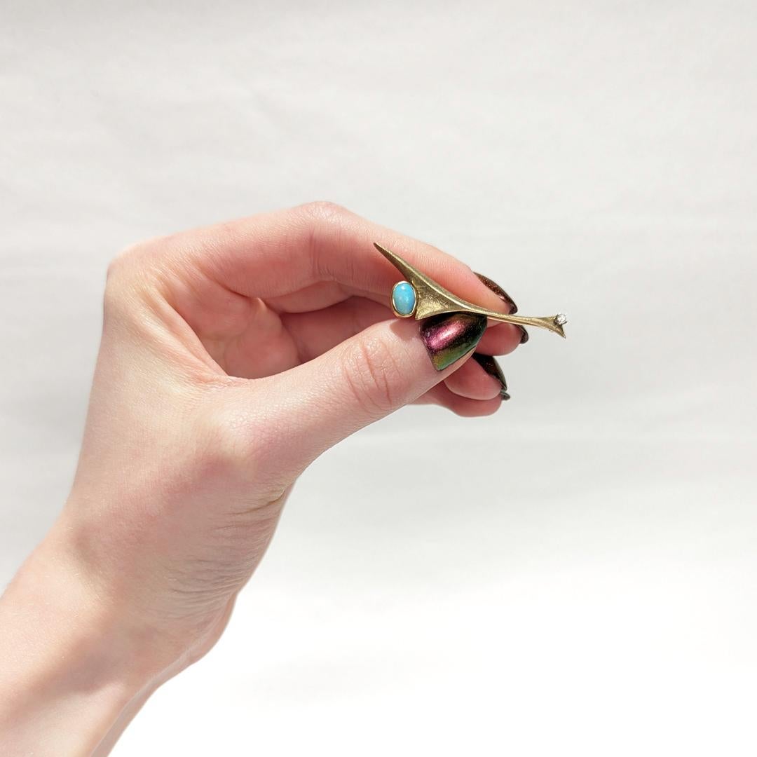 Mid-Century Modernist Studio 10 Karat Gold Opal & Diamond Pin or Brooch For Sale 5