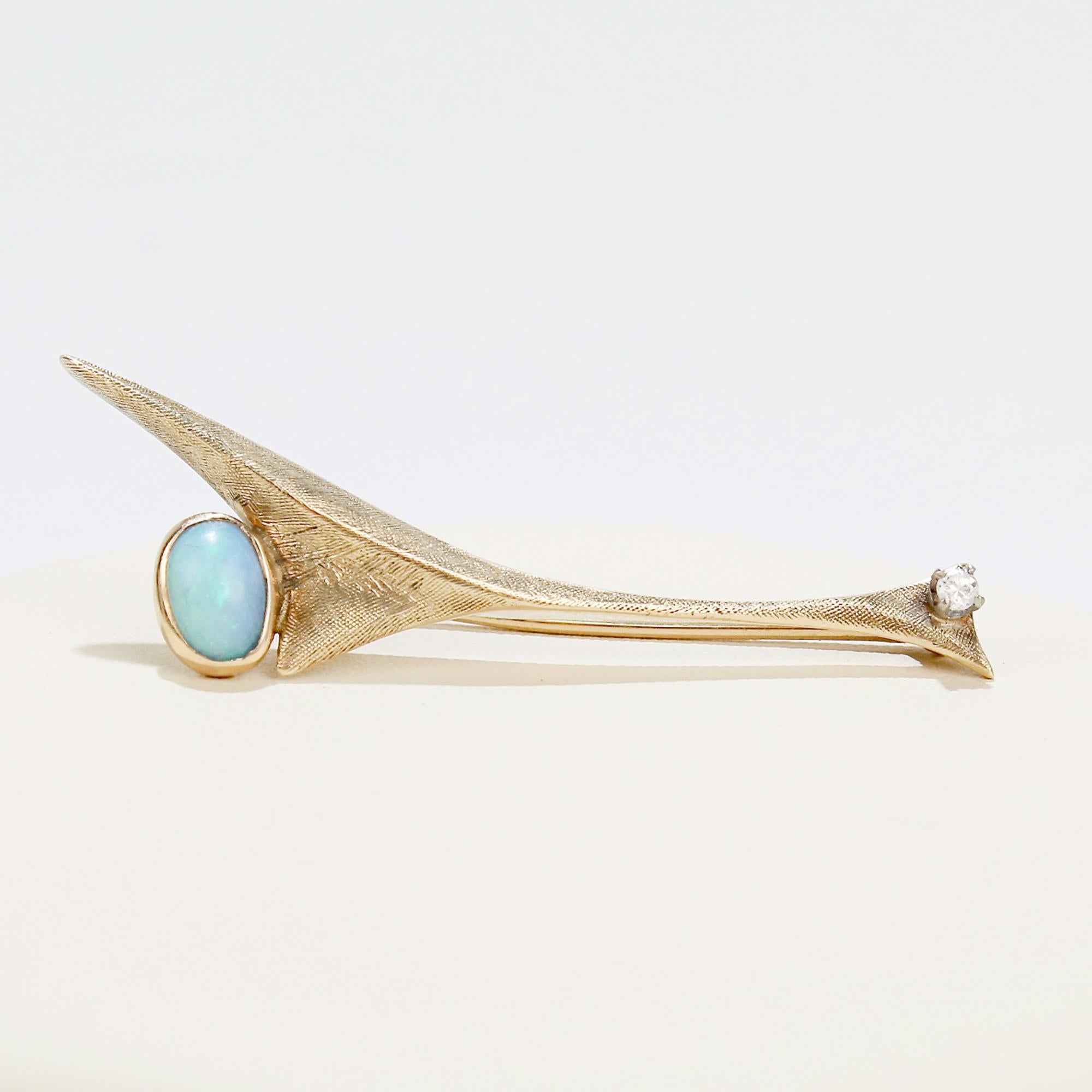 Cabochon Mid-Century Modernist Studio 10 Karat Gold Opal & Diamond Pin or Brooch For Sale