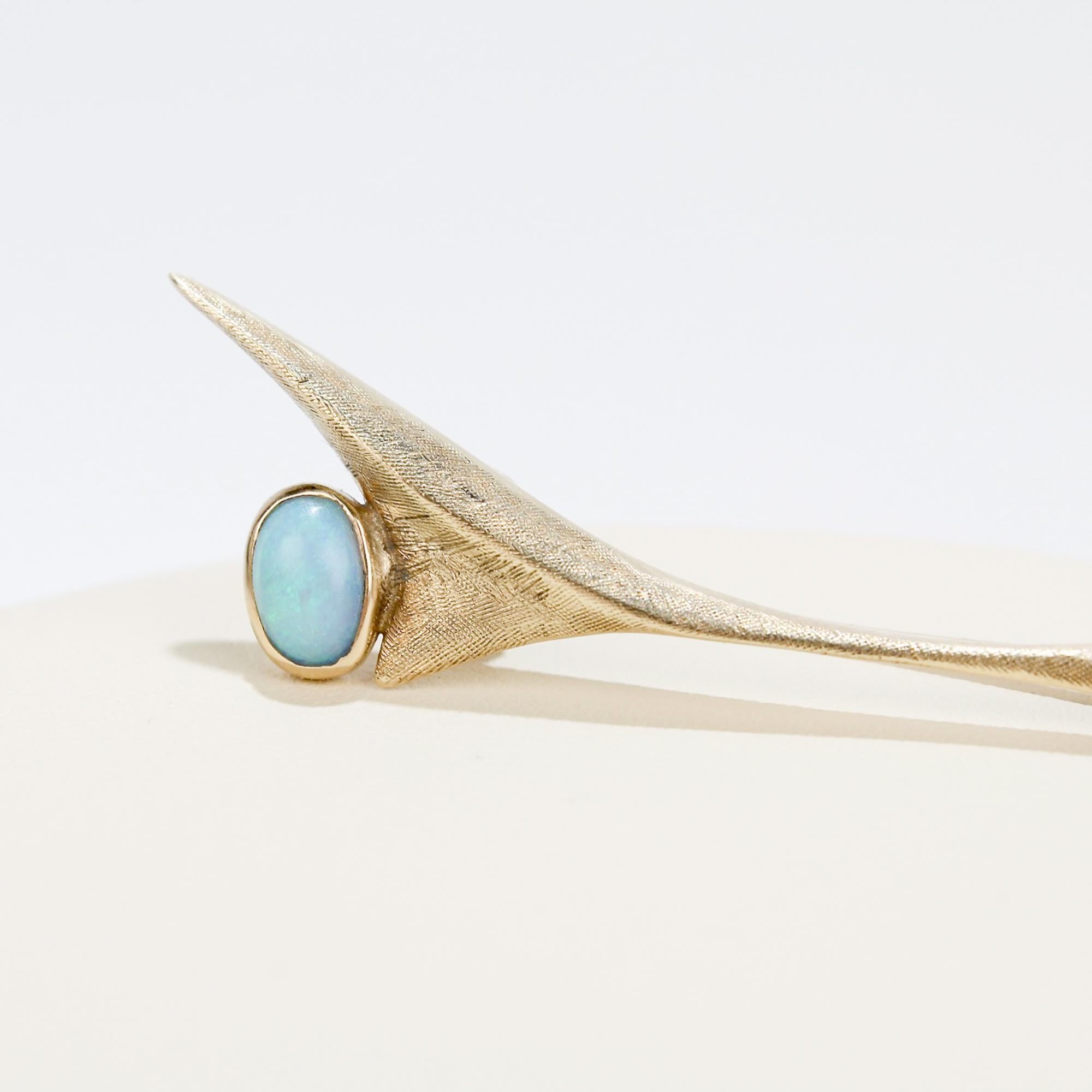 Mid-Century Modernist Studio 10 Karat Gold Opal & Diamond Pin or Brooch In Good Condition For Sale In Philadelphia, PA