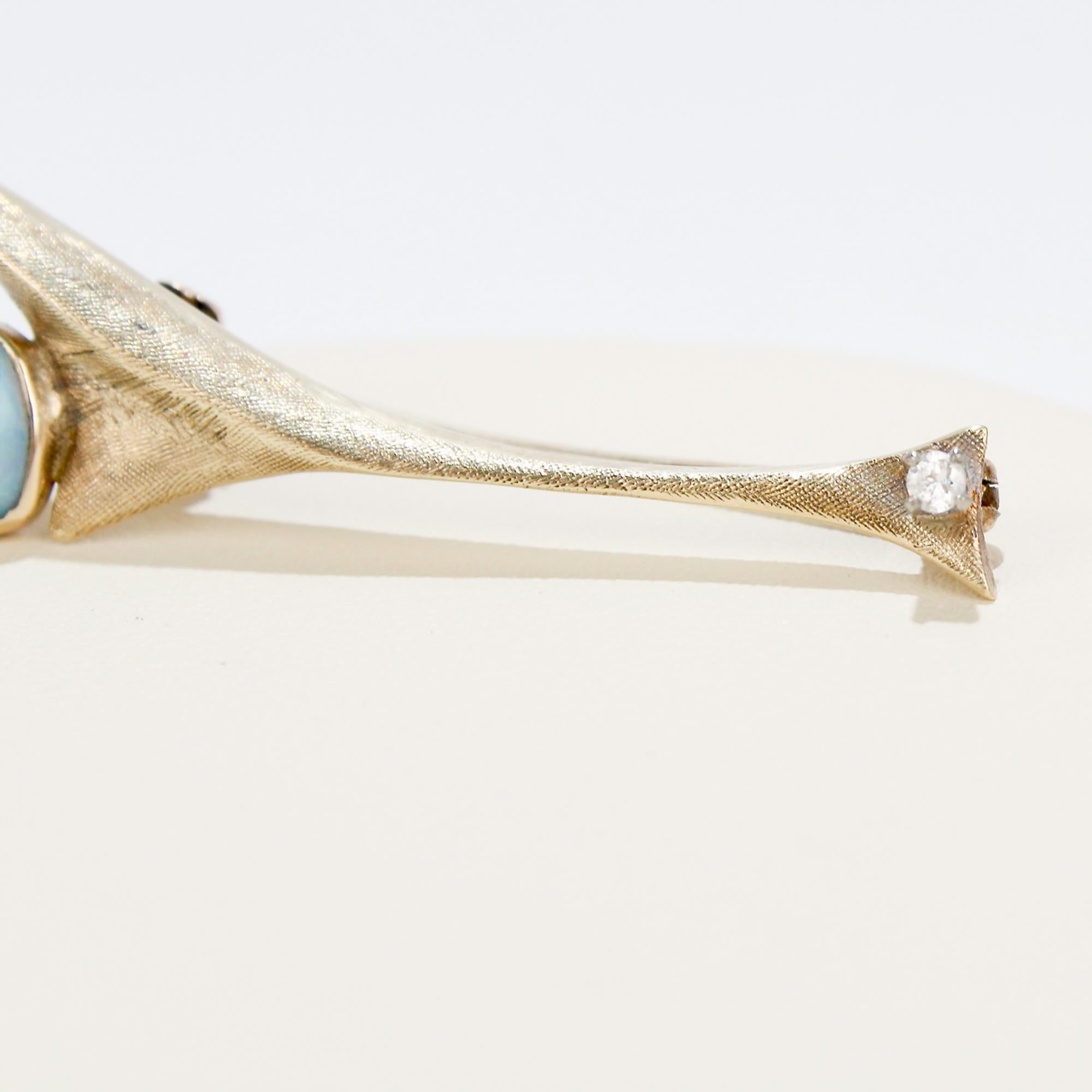 Women's Mid-Century Modernist Studio 10 Karat Gold Opal & Diamond Pin or Brooch For Sale