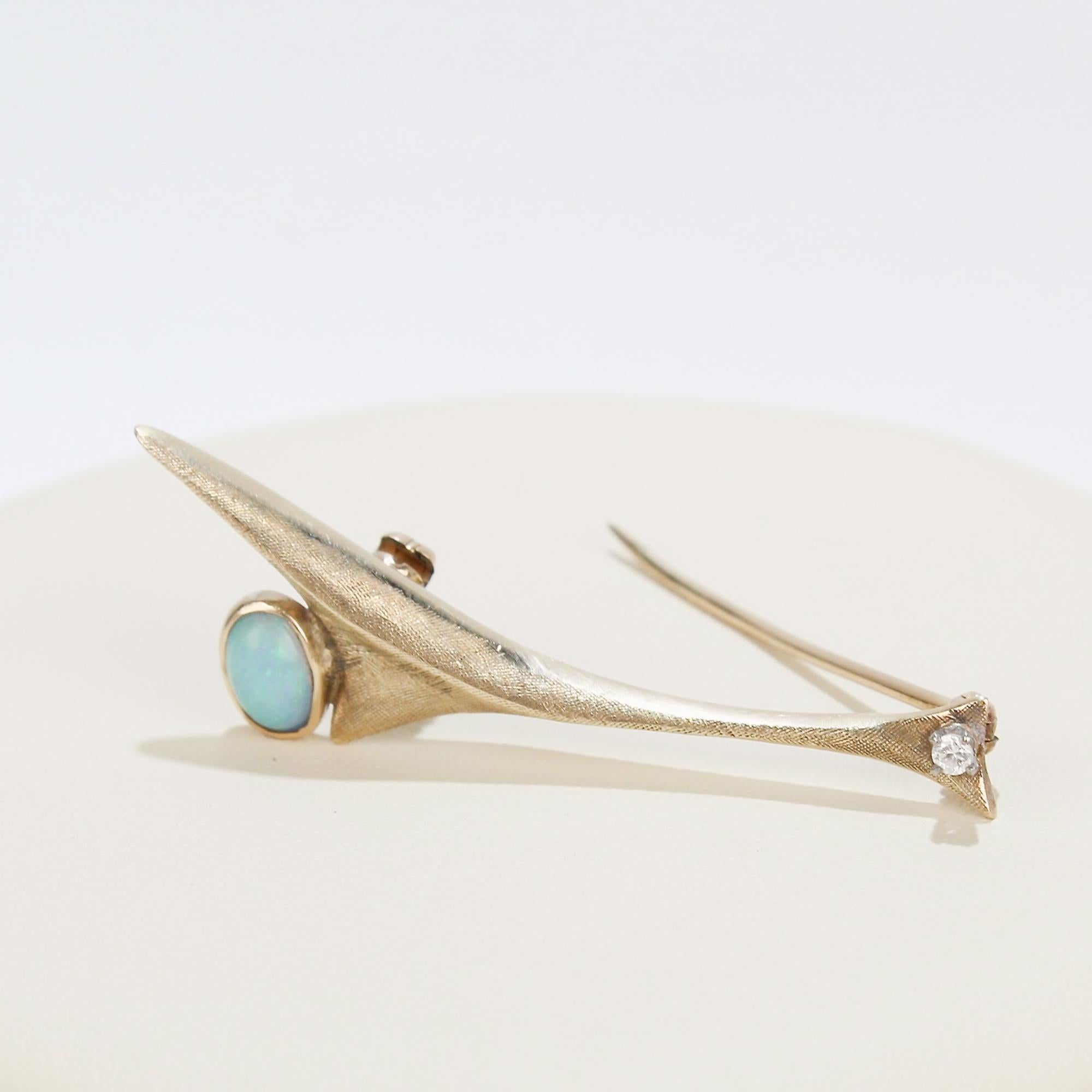 Mid-Century Modernist Studio 10 Karat Gold Opal & Diamond Pin or Brooch For Sale 1