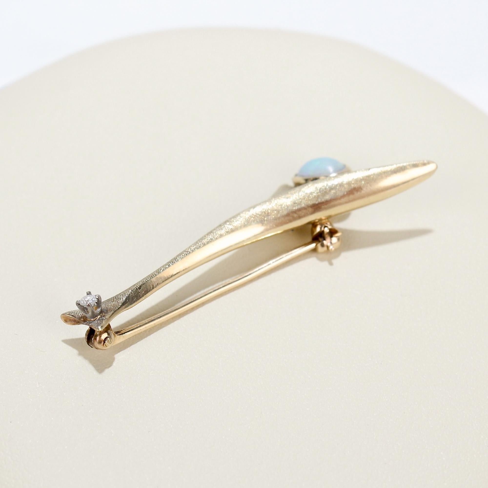 Mid-Century Modernist Studio 10 Karat Gold Opal & Diamond Pin or Brooch For Sale 2