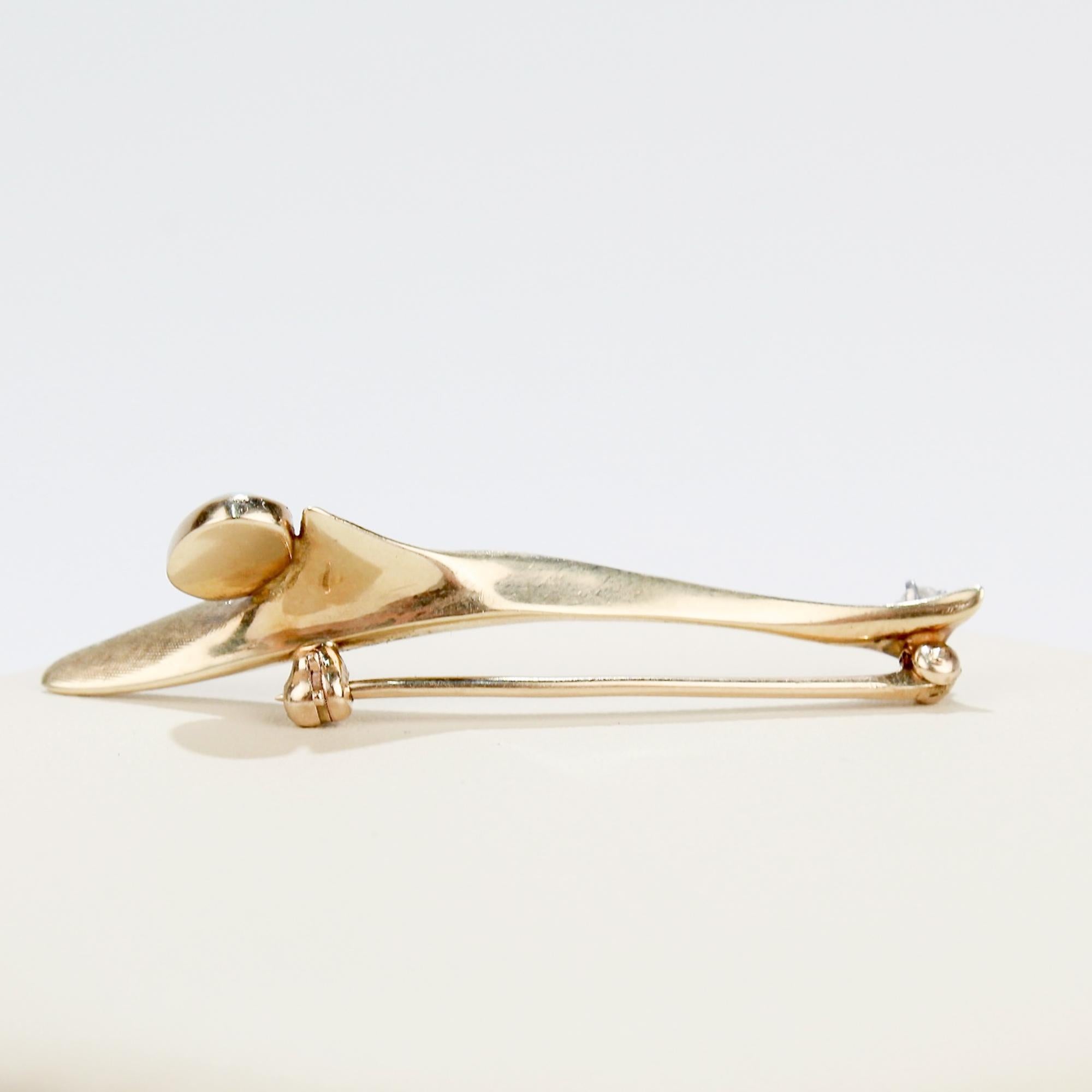 Mid-Century Modernist Studio 10 Karat Gold Opal & Diamond Pin or Brooch For Sale 3