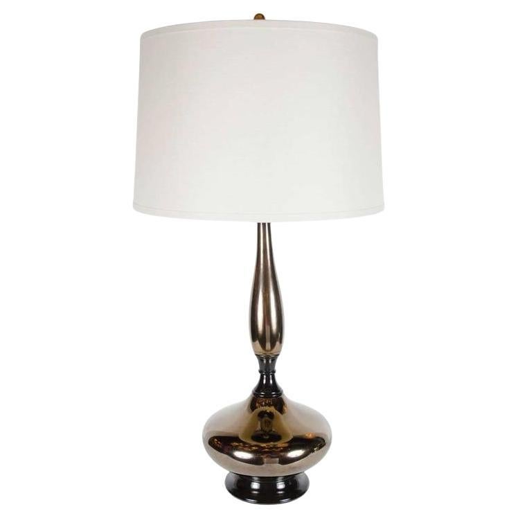 Lampada da tavolo a forma di clessidra in ceramica color bronzo, stile modernista metà secolo