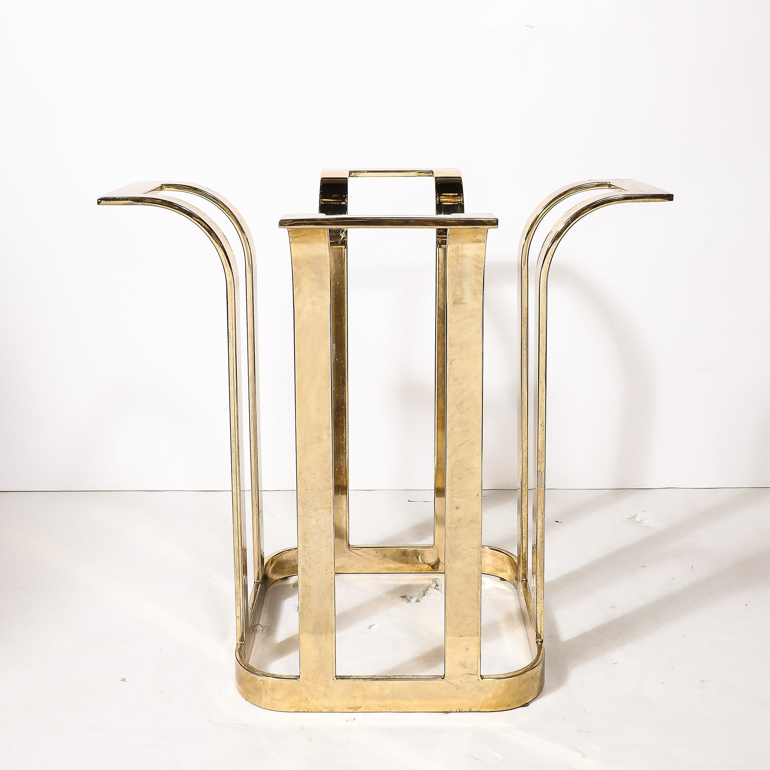 Table de salle à manger avec plateau en verre, modernisme du milieu du siècle, forme de tulipe stylisée en laiton bagué en vente 4