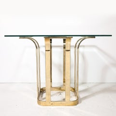 Mid-Century Modernist Stylized Tulip Form Banded Brass Dining Table w/ Glass Top