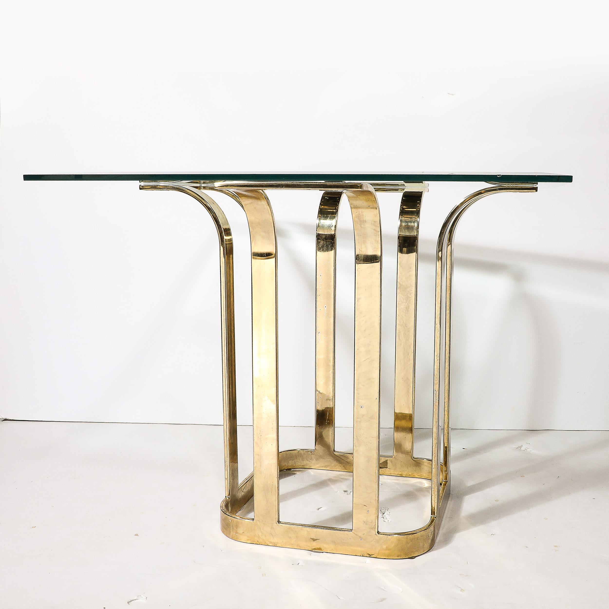 Table de salle à manger avec plateau en verre, modernisme du milieu du siècle, forme de tulipe stylisée en laiton bagué en vente 2