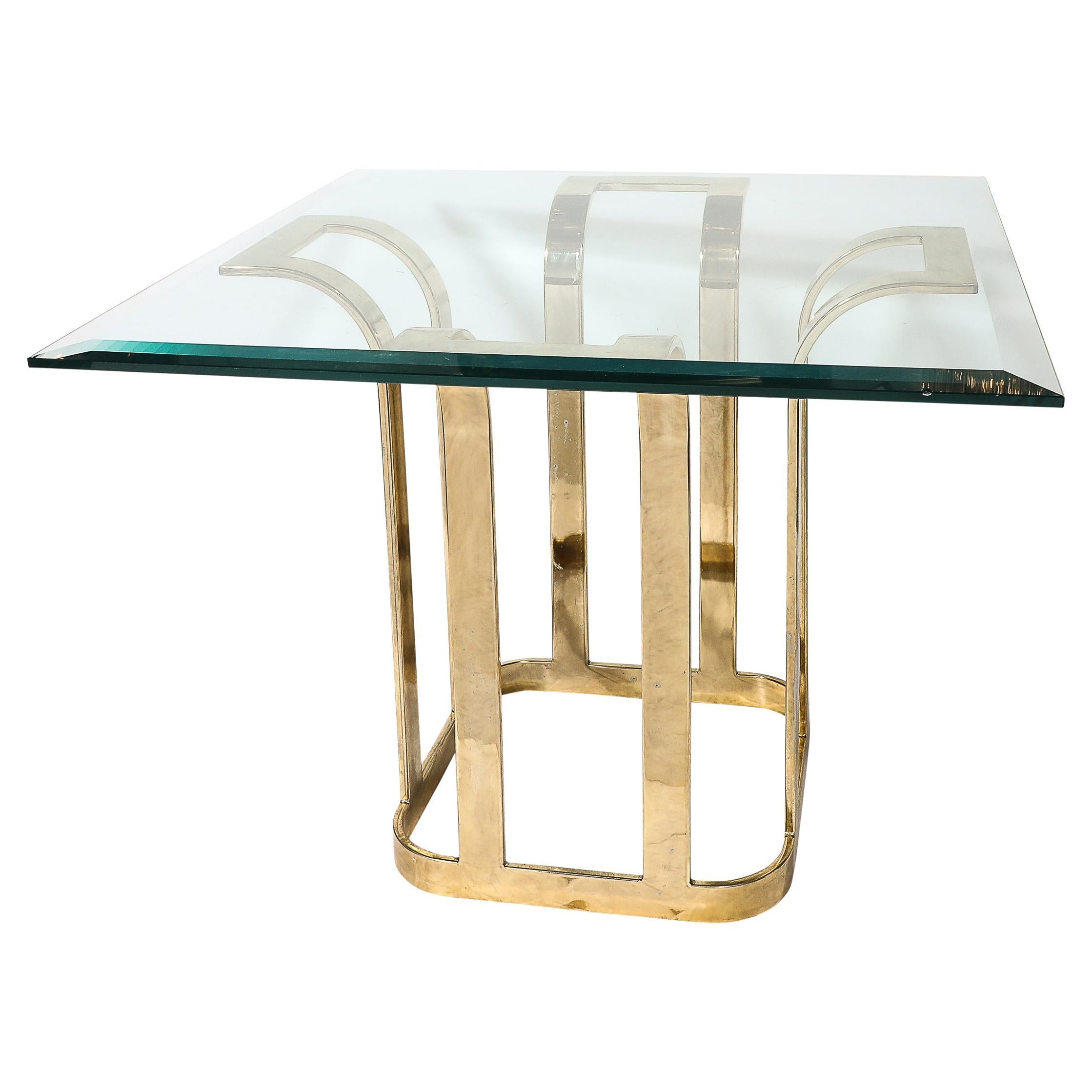 Table de salle à manger avec plateau en verre, modernisme du milieu du siècle, forme de tulipe stylisée en laiton bagué en vente