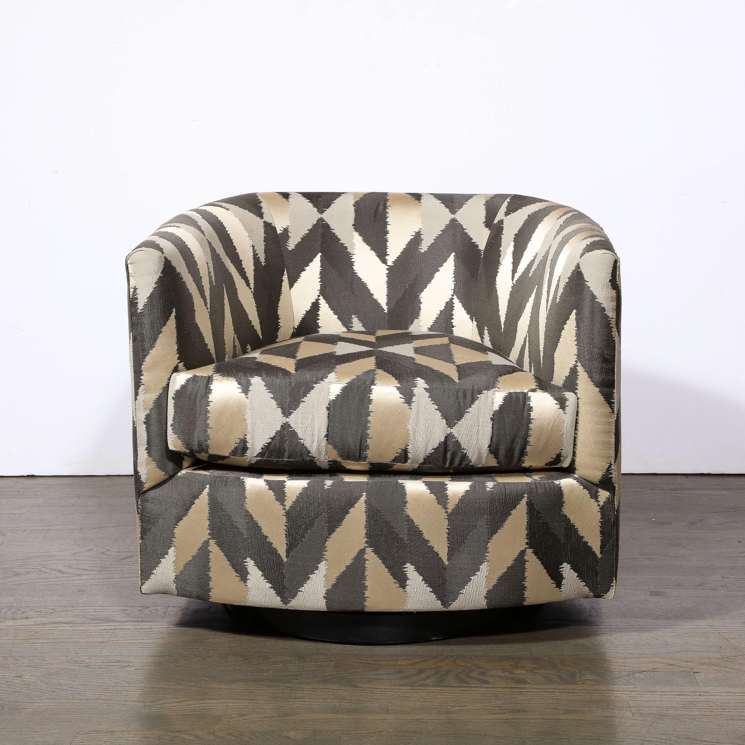 American Mid-Century Modernist Swivel Club Chairs in Staggered Geometric Upholstery  For Sale