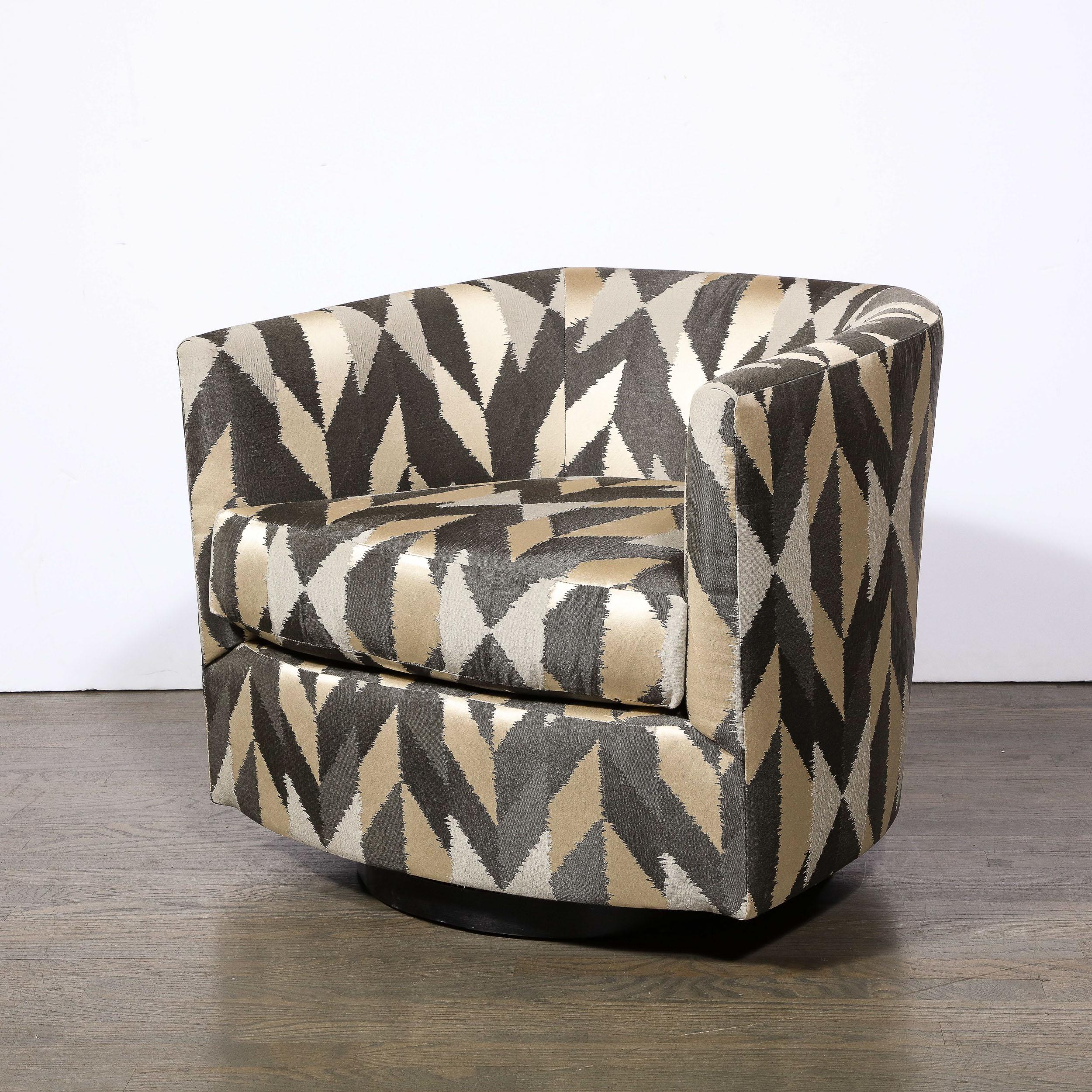 Ebonized Mid-Century Modernist Swivel Club Chairs in Staggered Geometric Upholstery  For Sale
