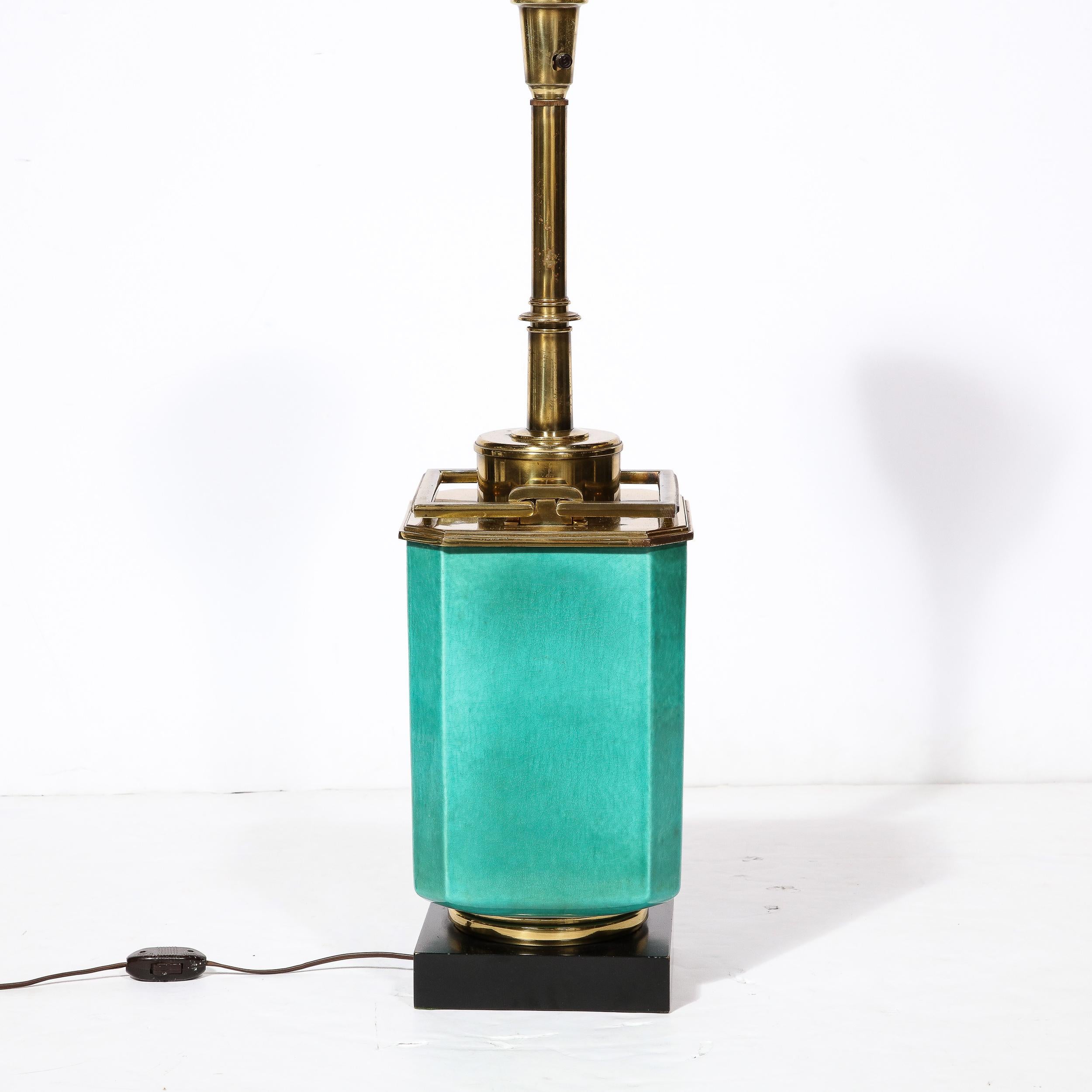 Mid-Century Modernist Table Lamp in Turquoise Jade w/ Polished Brass Fittings For Sale 3