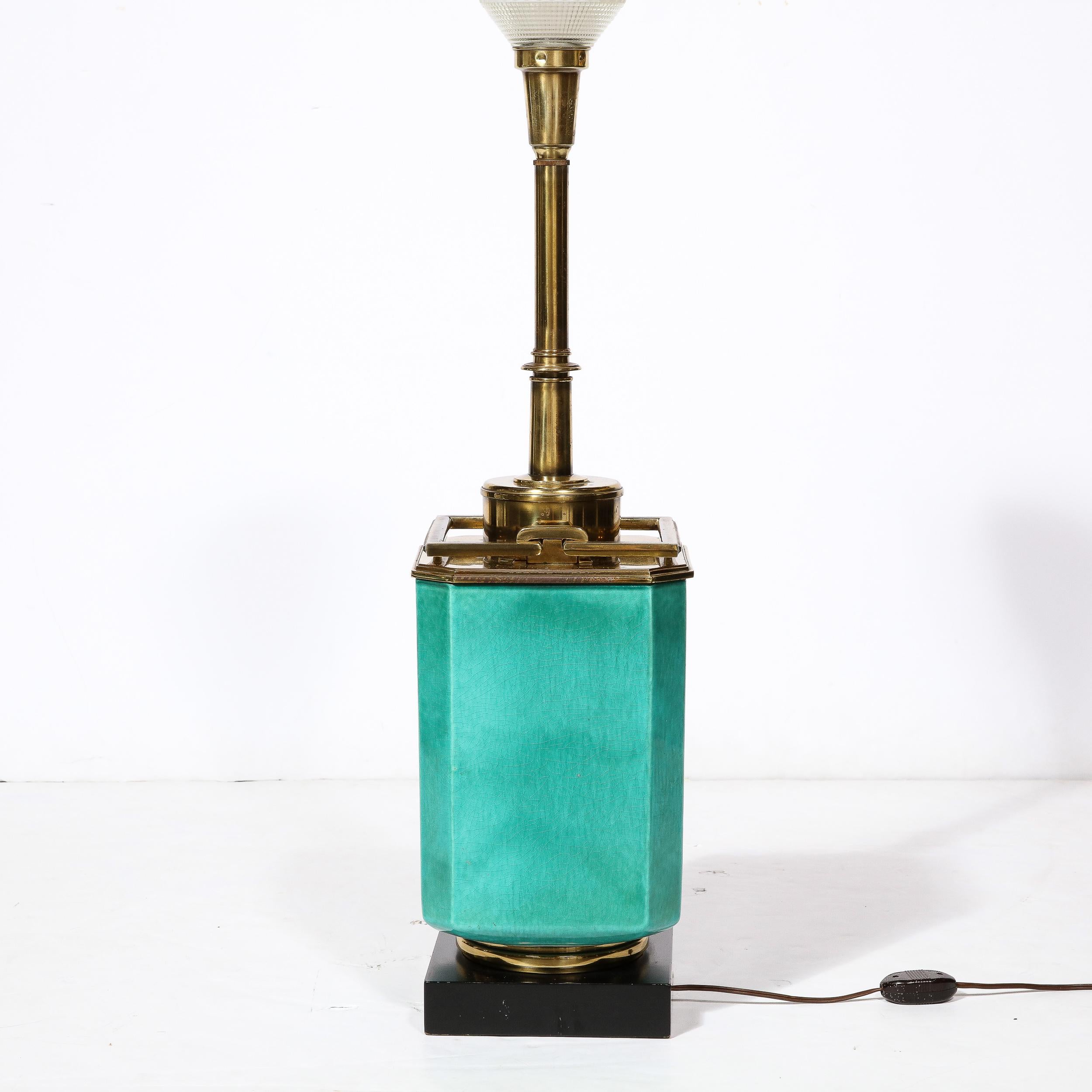 Mid-Century Modernist Table Lamp in Turquoise Jade w/ Polished Brass Fittings For Sale 4