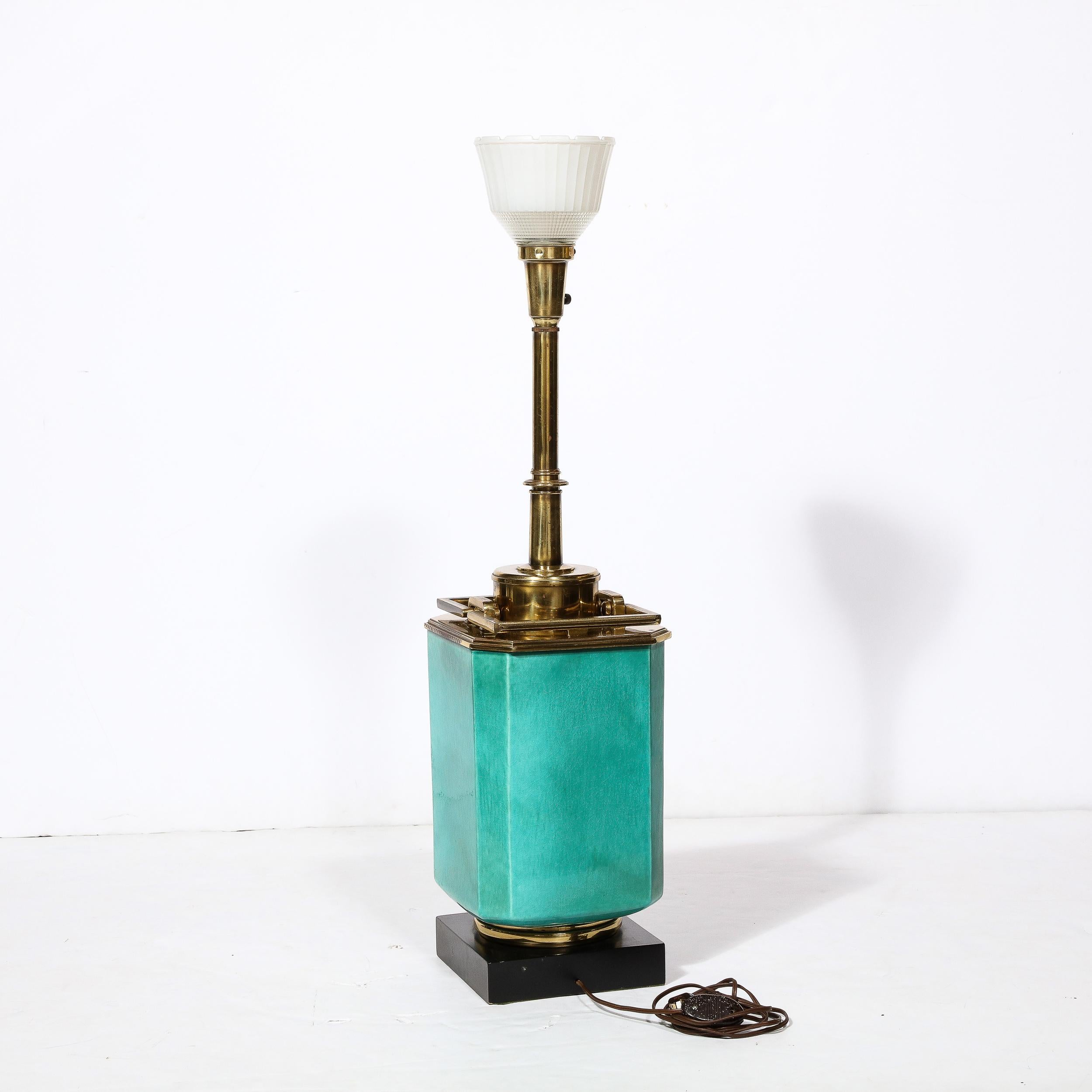 Mid-Century Modernist Table Lamp in Turquoise Jade w/ Polished Brass Fittings For Sale 5