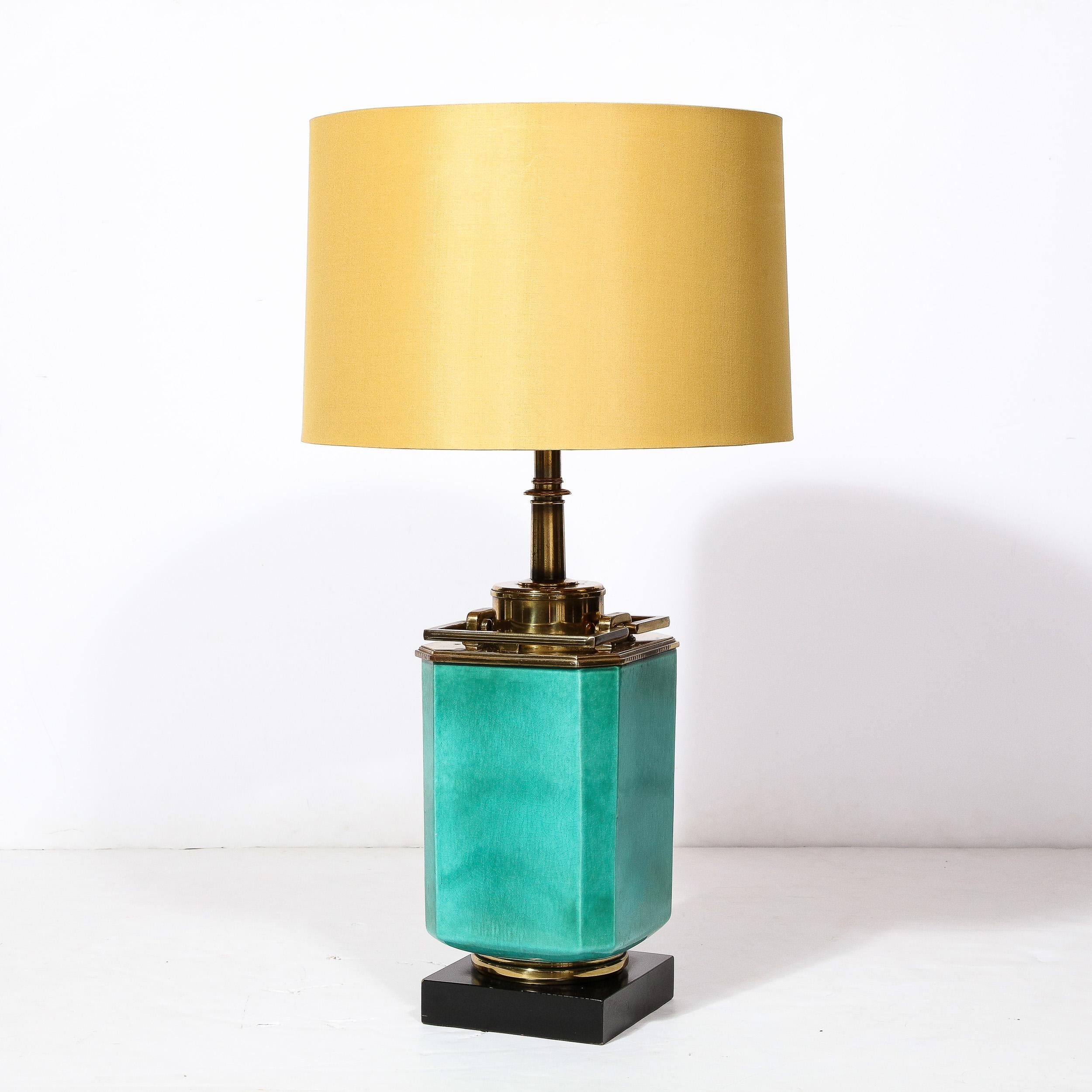 American Mid-Century Modernist Table Lamp in Turquoise Jade w/ Polished Brass Fittings For Sale