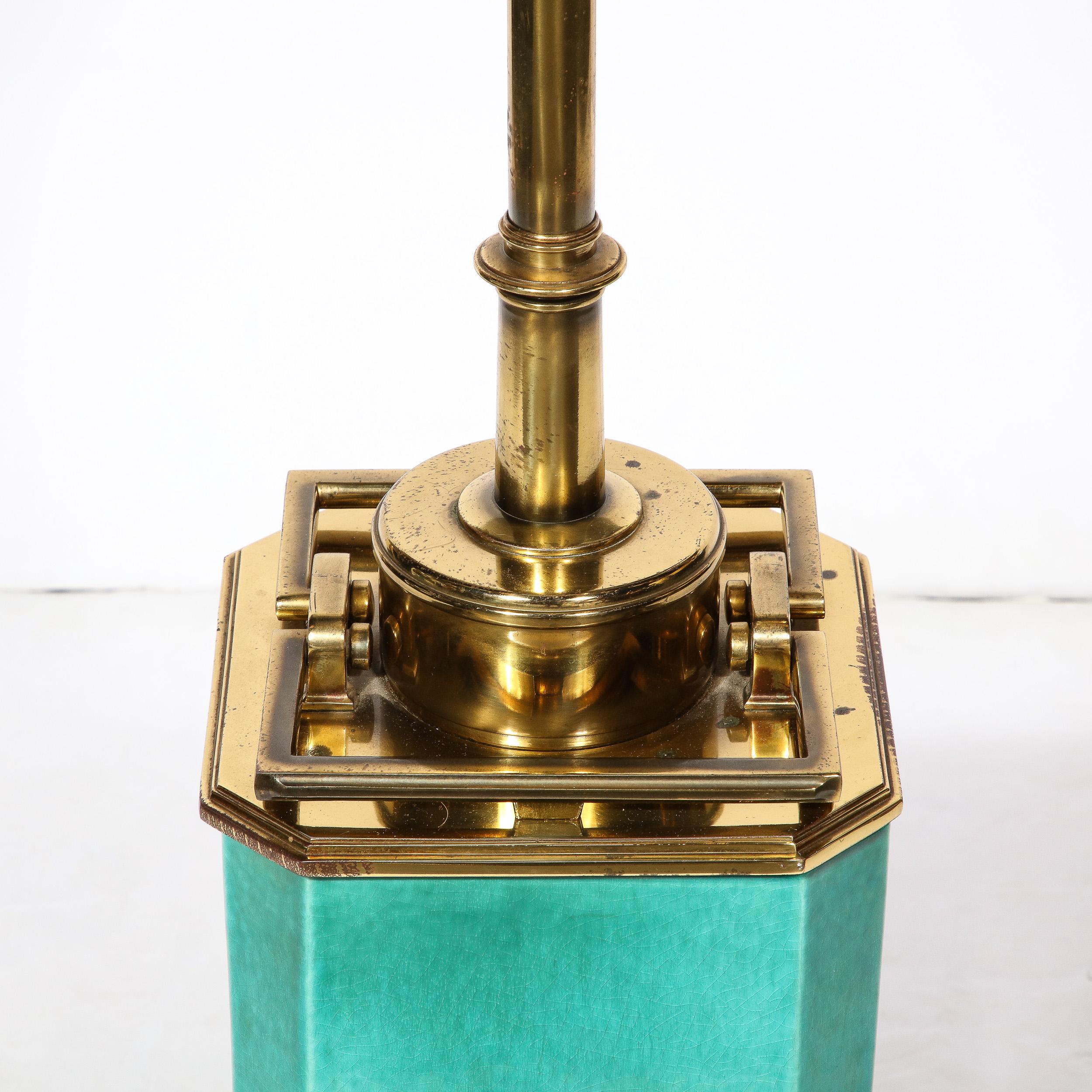 Ceramic Mid-Century Modernist Table Lamp in Turquoise Jade w/ Polished Brass Fittings For Sale