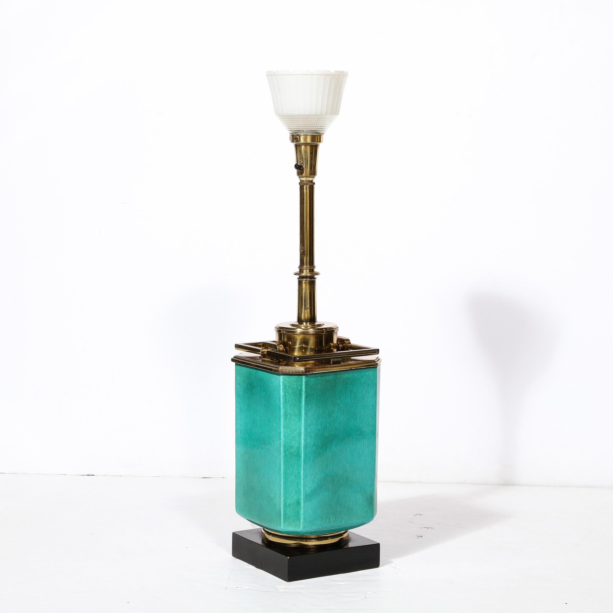 Mid-Century Modernist Table Lamp in Turquoise Jade w/ Polished Brass Fittings For Sale 1