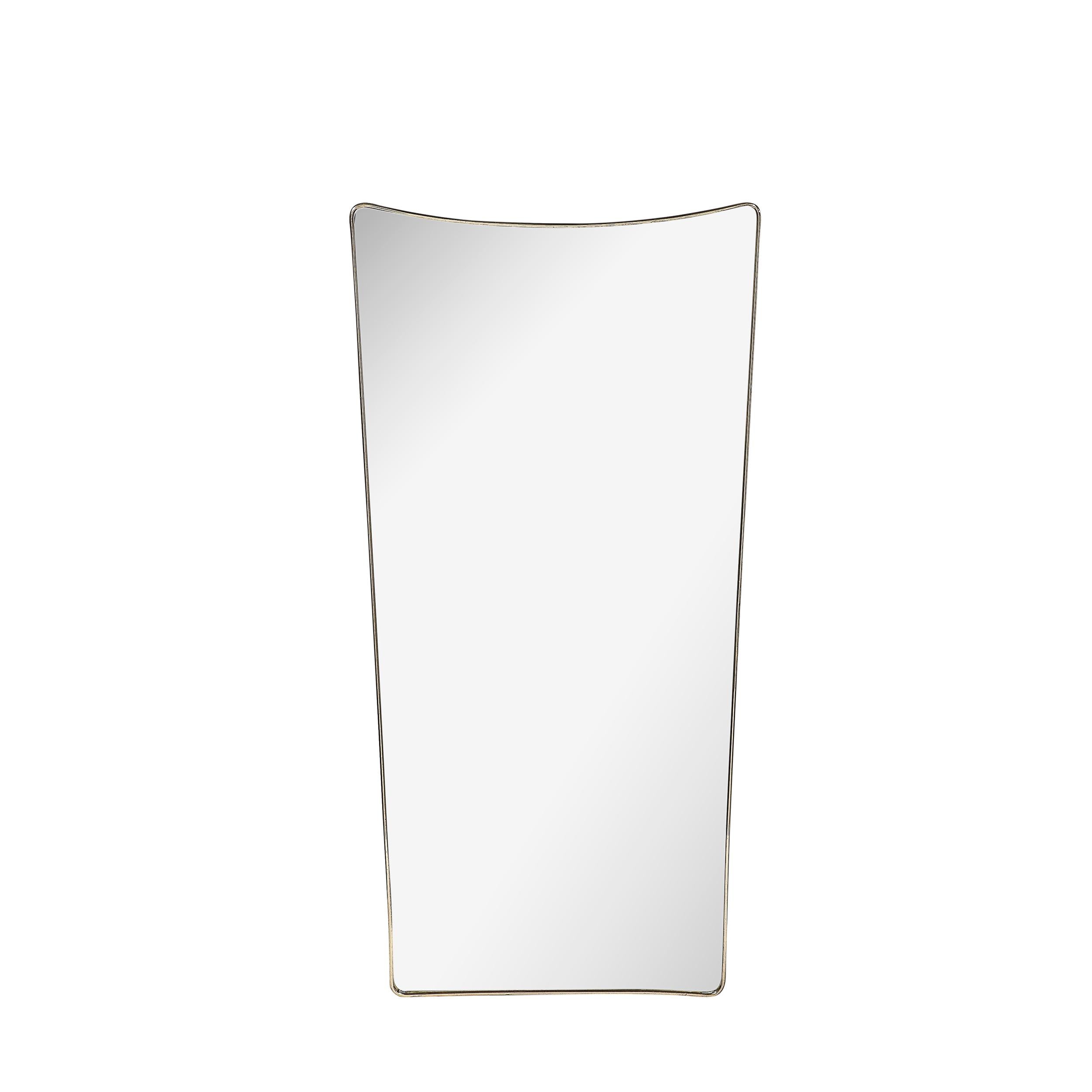 This minimal and beautifully made Mid-Century Modernist Tapered Brass Wrapped Mirror with Concave Top Detailing originates from Italy, Circa 1960. Features a stunning tapered silhouette with rounded top corners and a subtly tapered sides with a flat