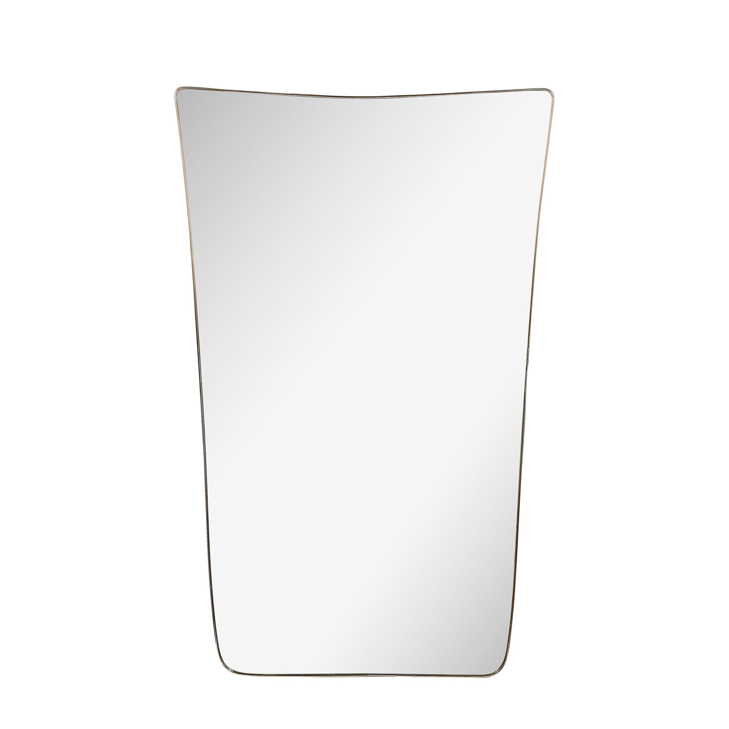 This minimal and beautifully made Mid-Century Modernist Tapered Trapezoidal Brass Wrapped Mirror originates from Italy, Circa 1960. Features a stunning tapered silhouette with rounded top corners and a beautifully tapered sides with a flat lower