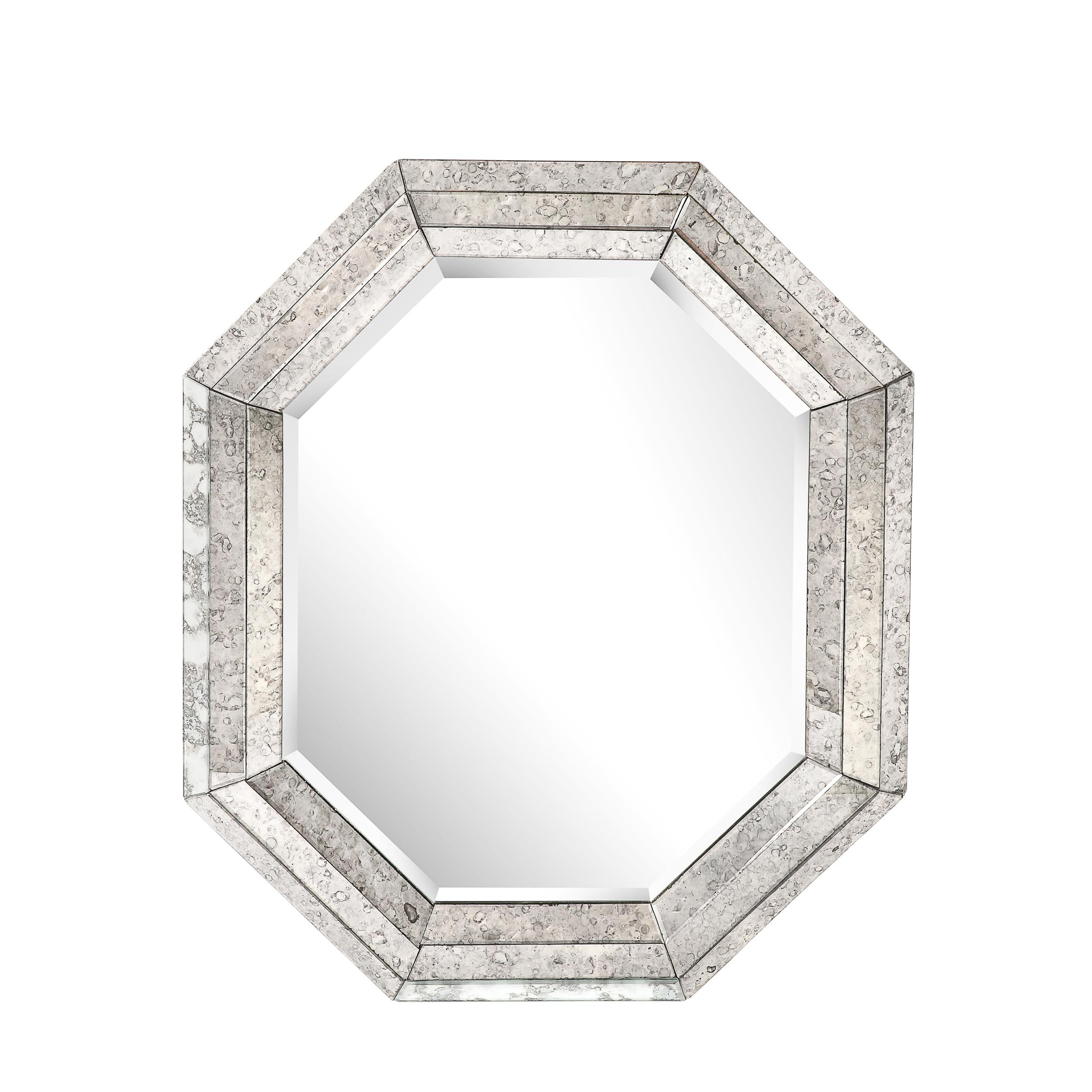 Ce miroir minimaliste et très sophistiqué de style moderniste du milieu du siècle, avec bordure octogonale tessellée, fumée et antique, provient des États-Unis, vers 1950. Cette pièce remarquable présente un profil octogonal orienté verticalement