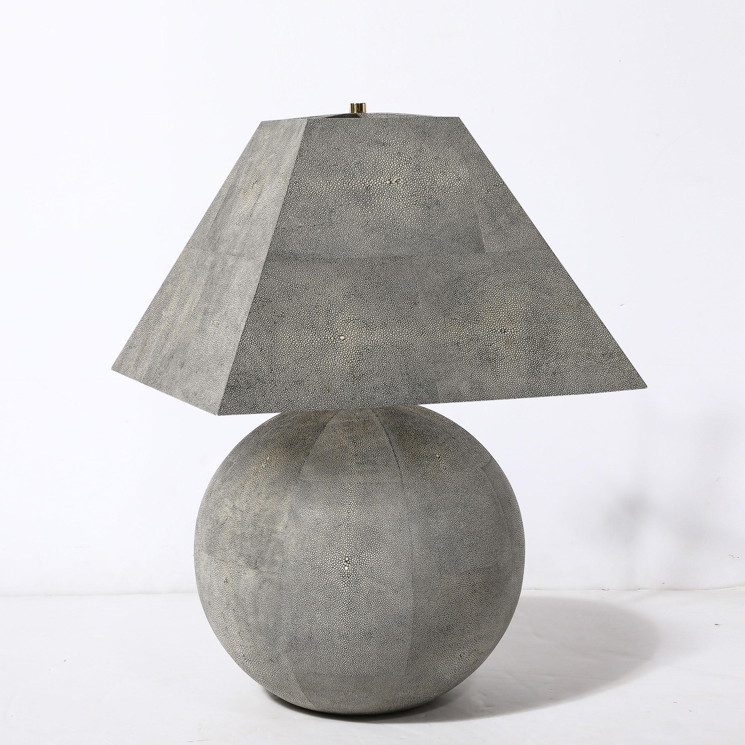 This remarkably scaled and materially stunning Mid-Century Modernist Large Geometric Table Lamp in Tessellated Shagreen is by the esteemed artist and designer Karl Springer and originates from the United States, Circa 1975. Karl Springer is highly