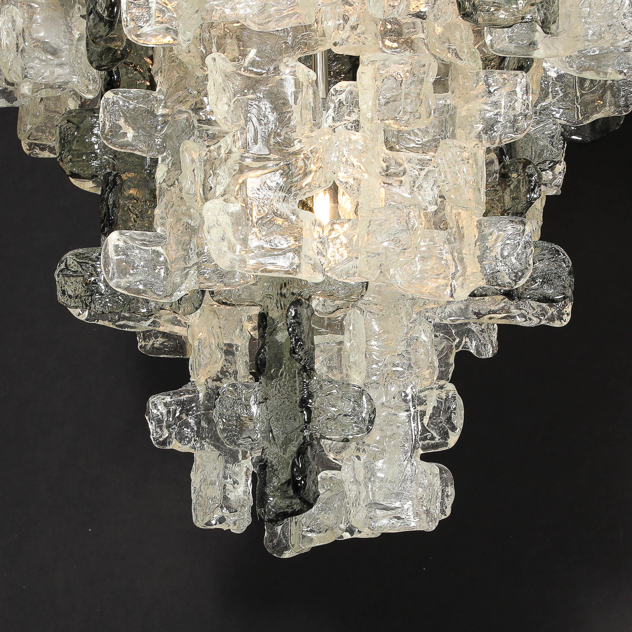 Mid-Century Modernist Textural Clear & Smoked Glass Chandelier by Mazzega For Sale 4