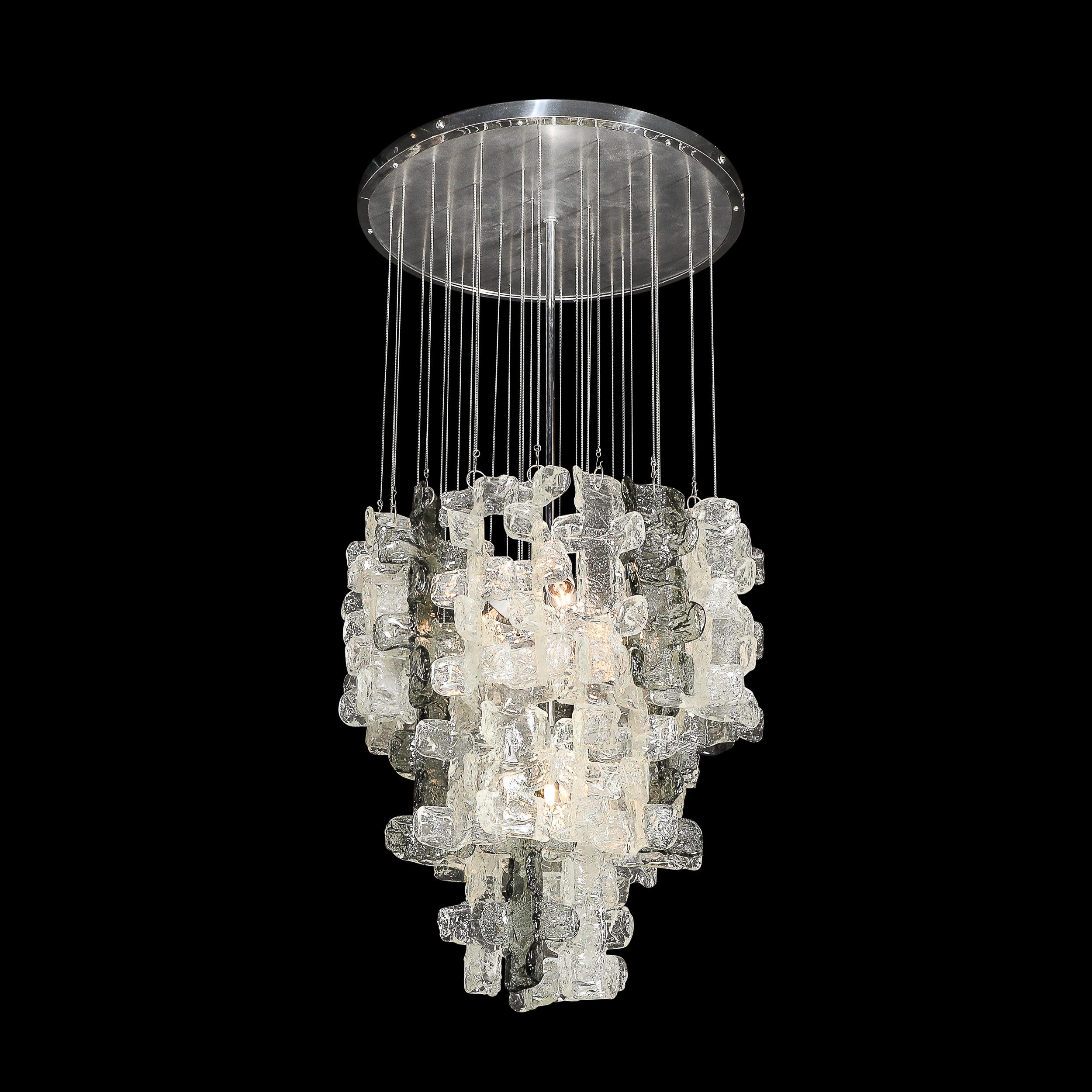 Italian Mid-Century Modernist Textural Clear & Smoked Glass Chandelier by Mazzega For Sale