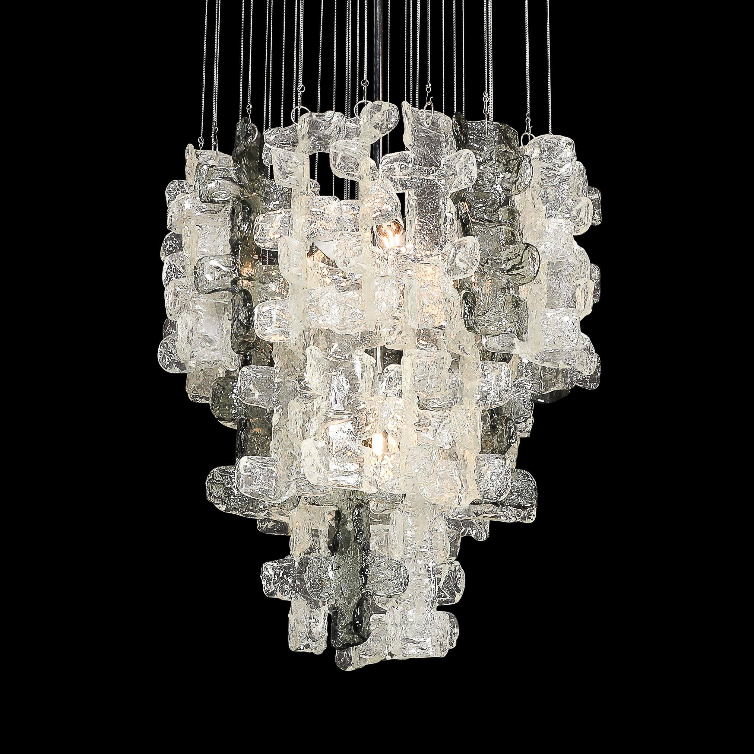Mid-Century Modernist Textural Clear & Smoked Glass Chandelier by Mazzega In Excellent Condition For Sale In New York, NY