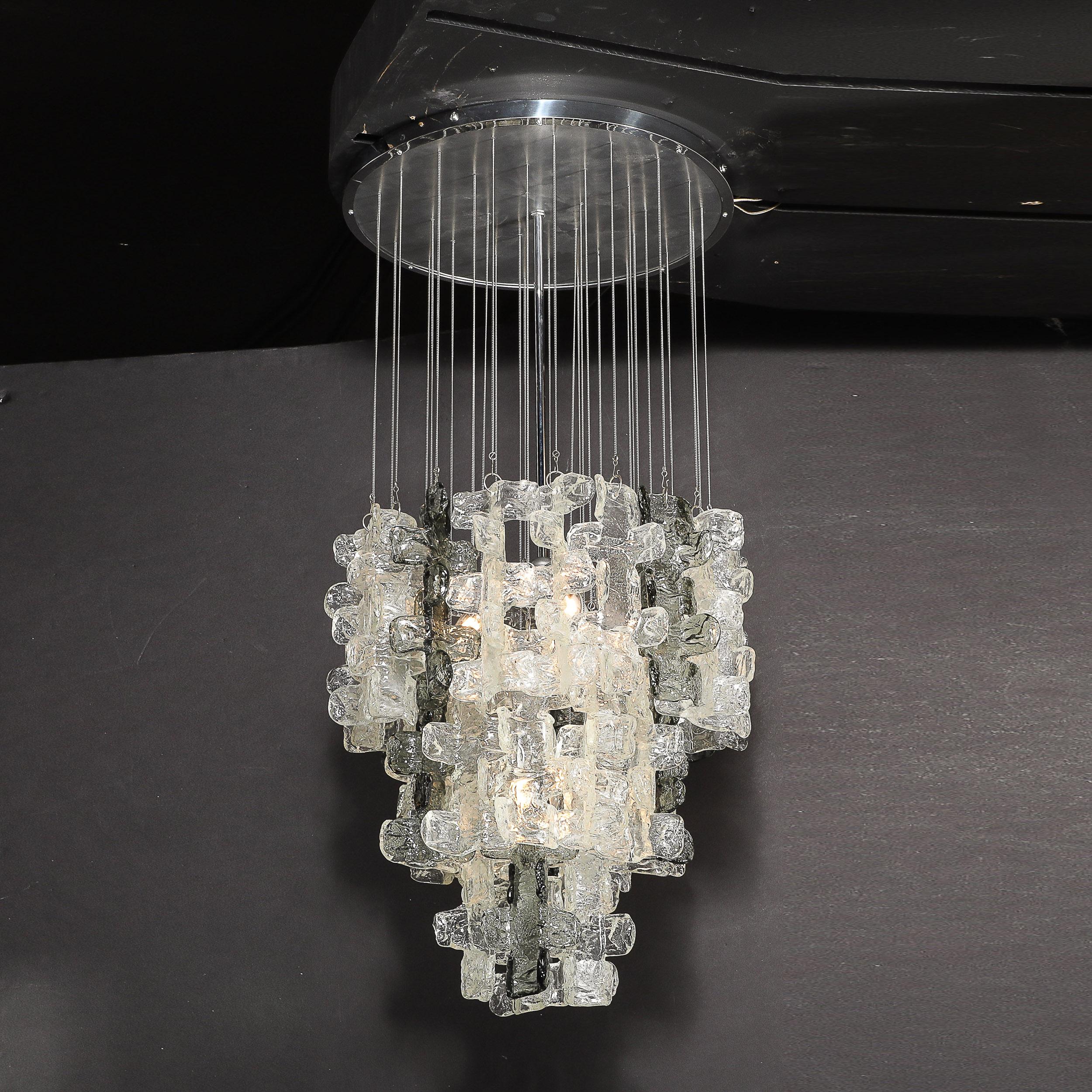 Blown Glass Mid-Century Modernist Textural Clear & Smoked Glass Chandelier by Mazzega For Sale
