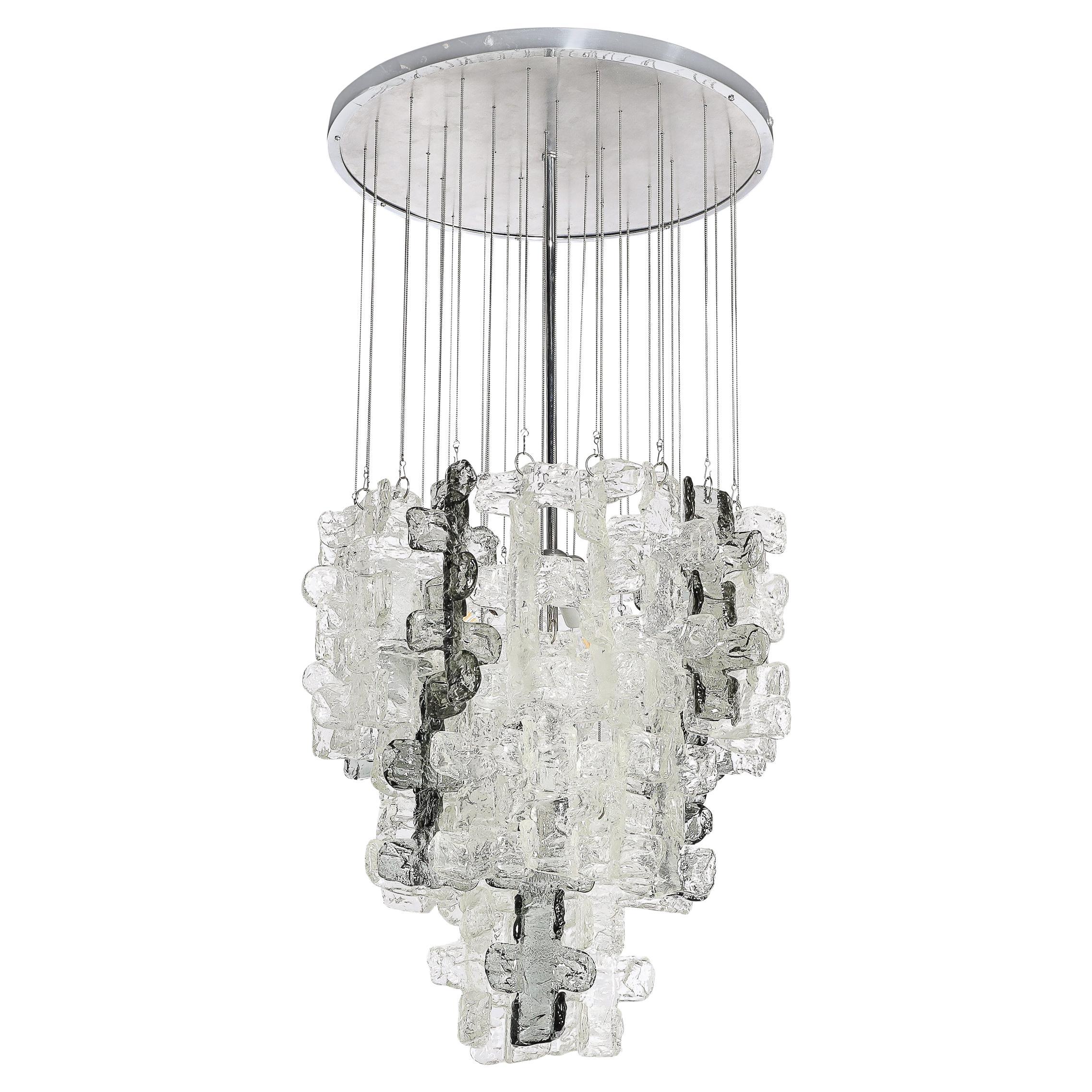 Mid-Century Modernist Textural Clear & Smoked Glass Chandelier by Mazzega For Sale