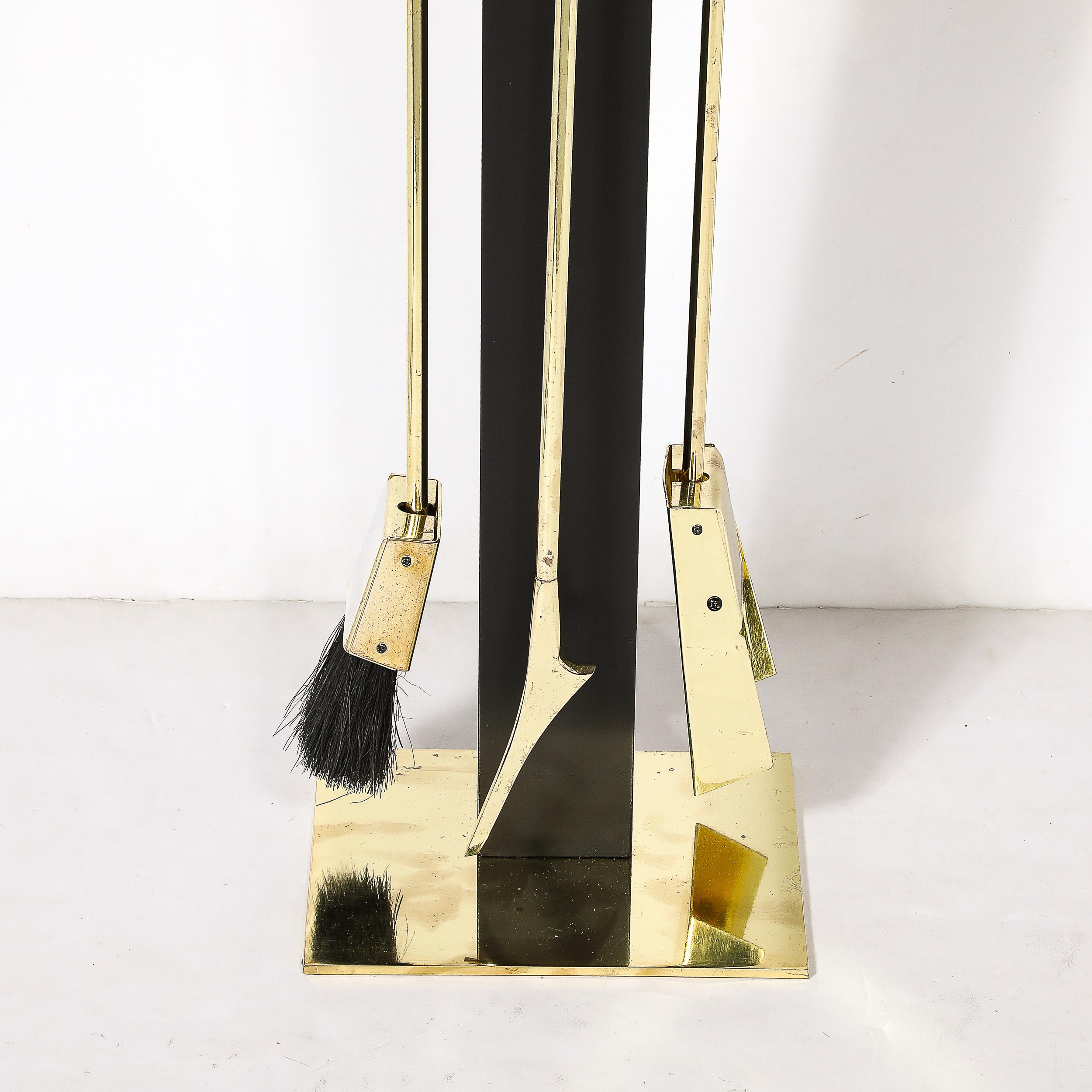 Italian Mid-Century Modernist Three Piece Fire Tool Set in Brass by Alessandro Albrizzi For Sale