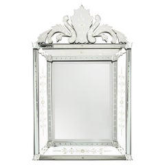Mid-Century Modernist Tiered & Beveled Venetian Glass Mirror W/ Reverse Etching