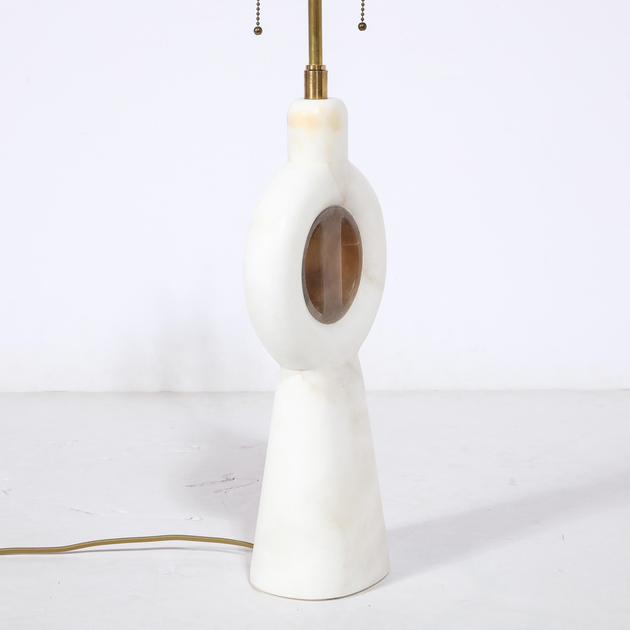 Mid-Century Modernist TOTEM Carved Alabaster Table Lamp W/ Inlaid Onyx Detailing 6
