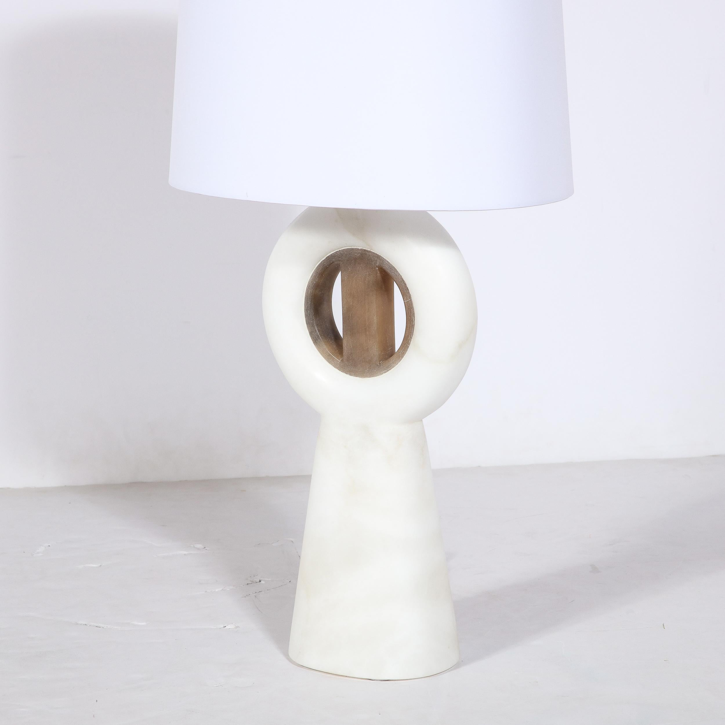 Mid-Century Modernist TOTEM Carved Alabaster Table Lamp W/ Inlaid Onyx Detailing In Excellent Condition In New York, NY