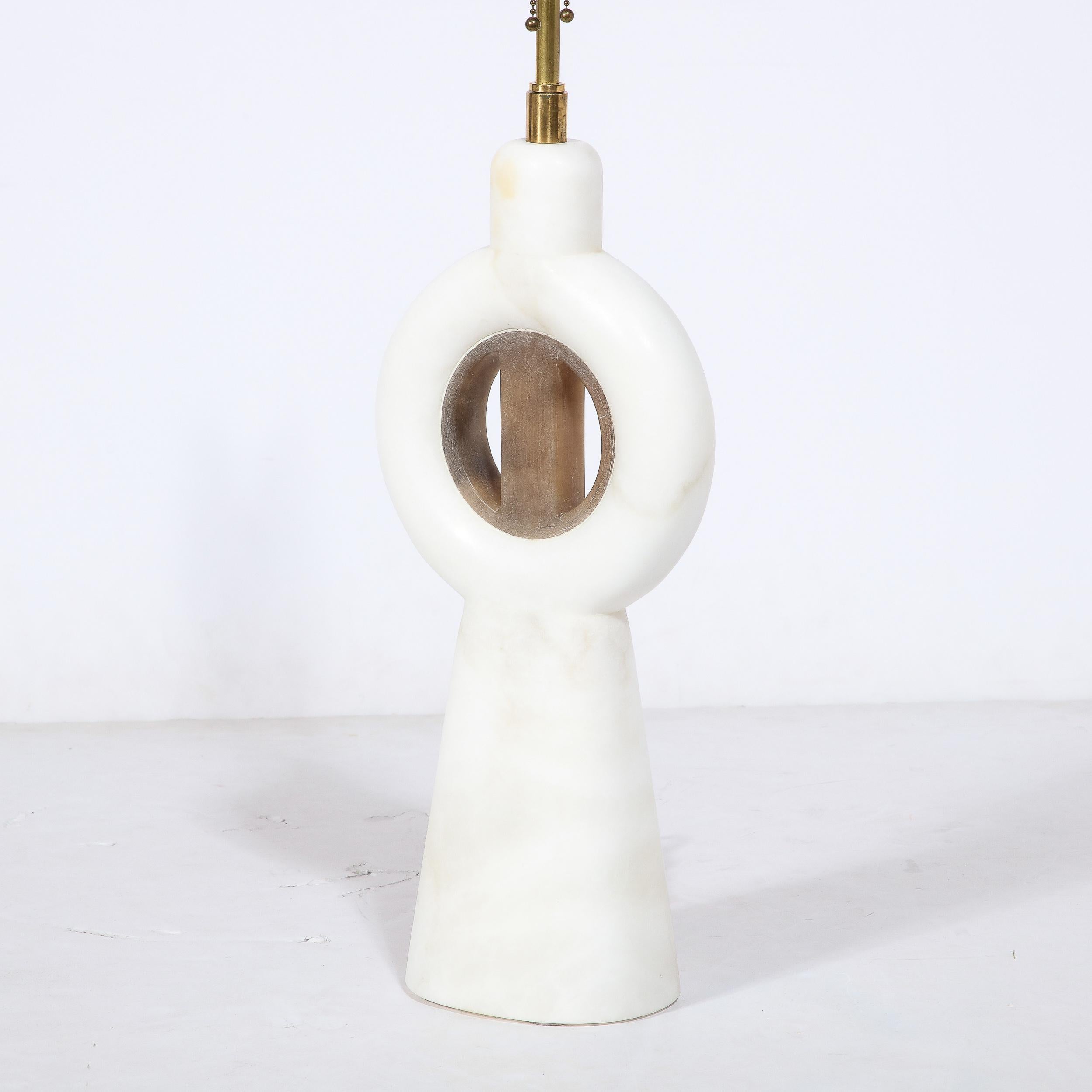 20th Century Mid-Century Modernist TOTEM Carved Alabaster Table Lamp W/ Inlaid Onyx Detailing