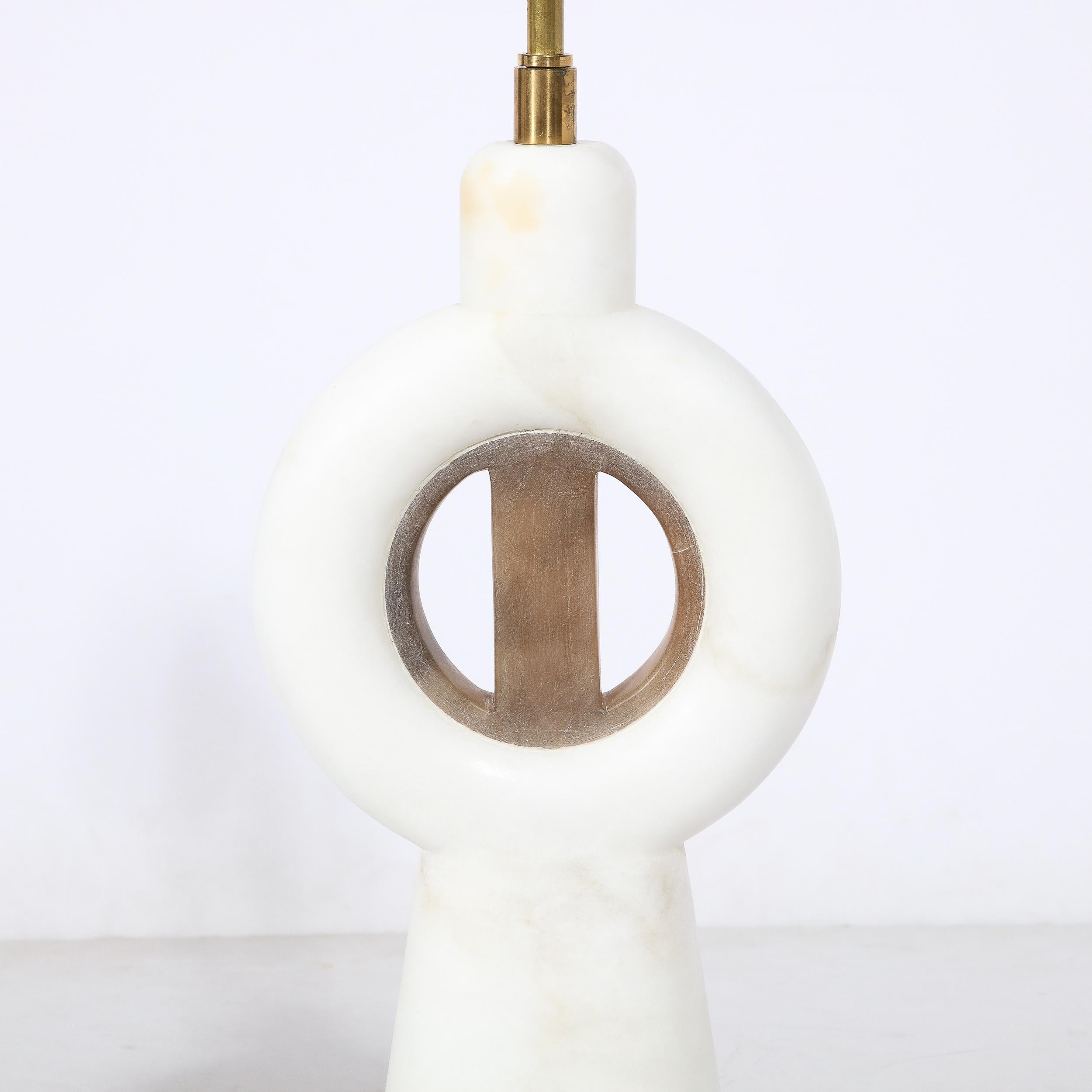 Mid-Century Modernist TOTEM Carved Alabaster Table Lamp W/ Inlaid Onyx Detailing 2