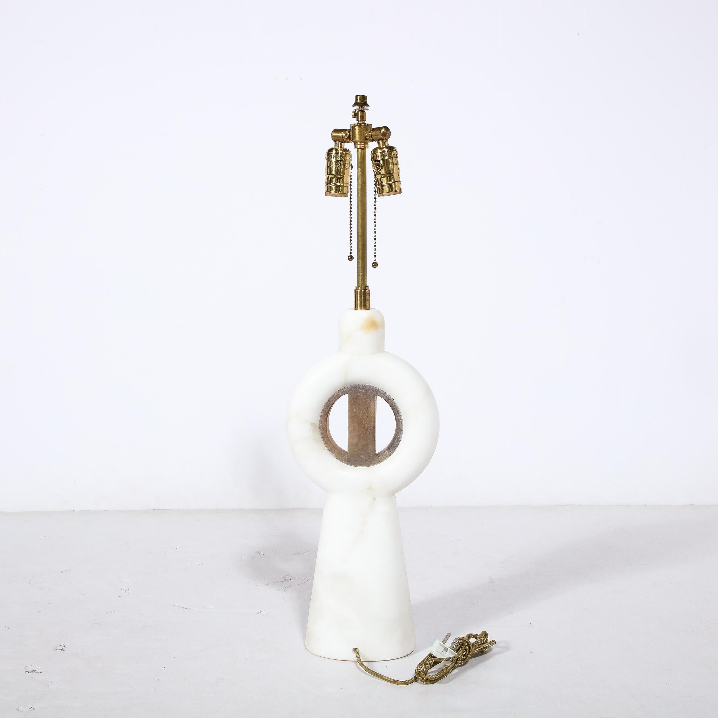 Mid-Century Modernist TOTEM Carved Alabaster Table Lamp W/ Inlaid Onyx Detailing 3