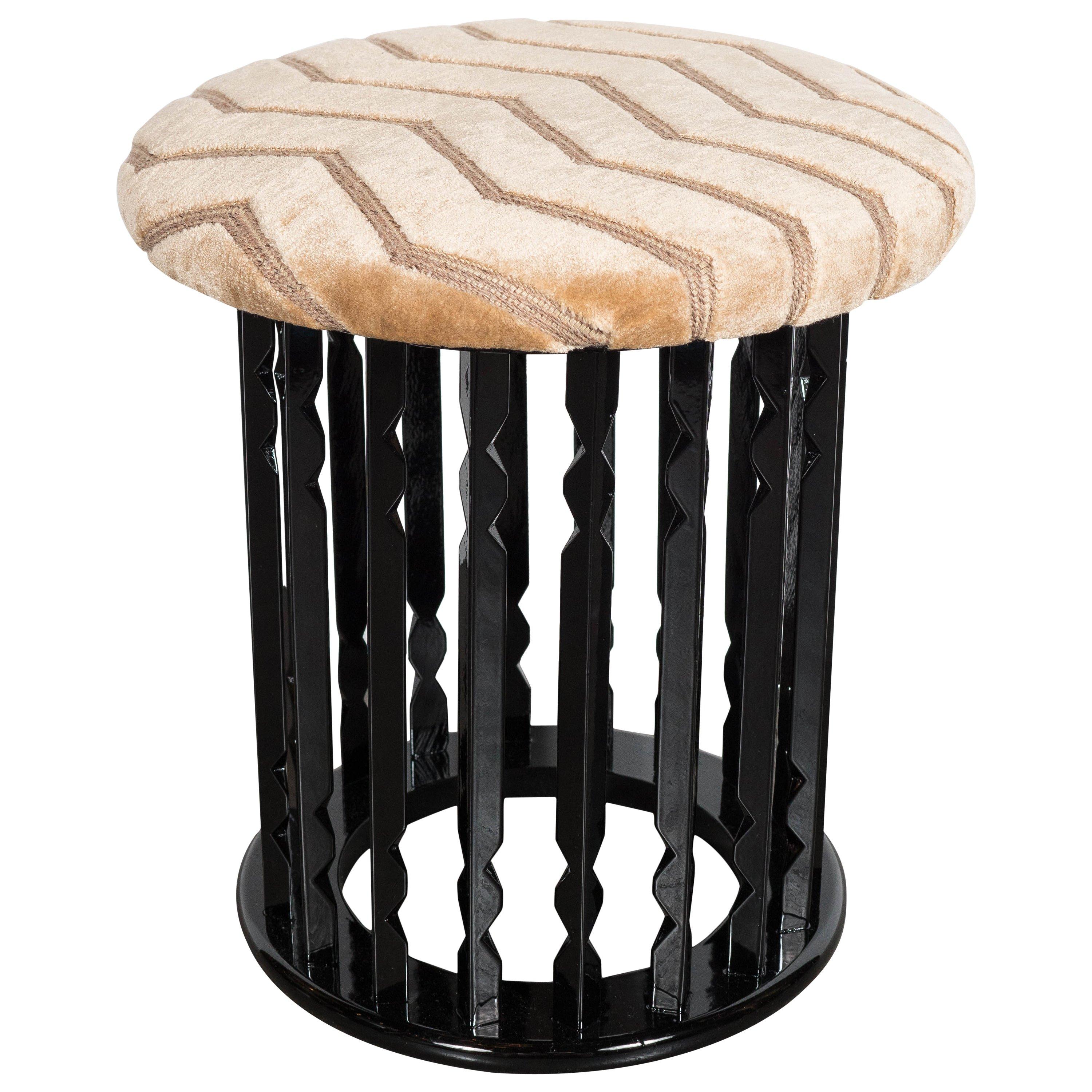 Mid-Century Modernist totem Form Stool in Ebonized Walnut and Gauffraged Velvet