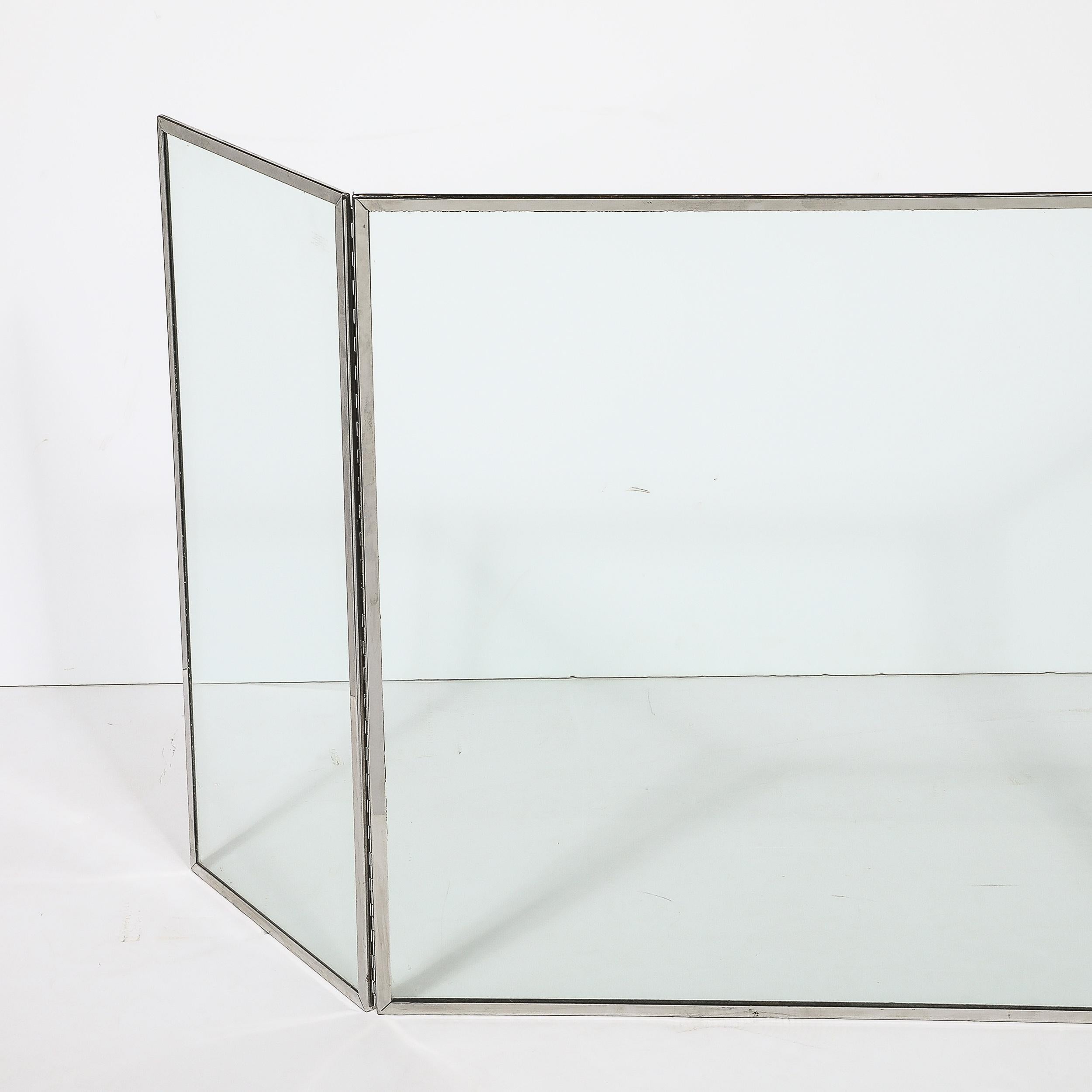 Mid-Century Modern Pare-feu moderniste du milieu du siècle dernier à trois volets en chrome et verre en vente