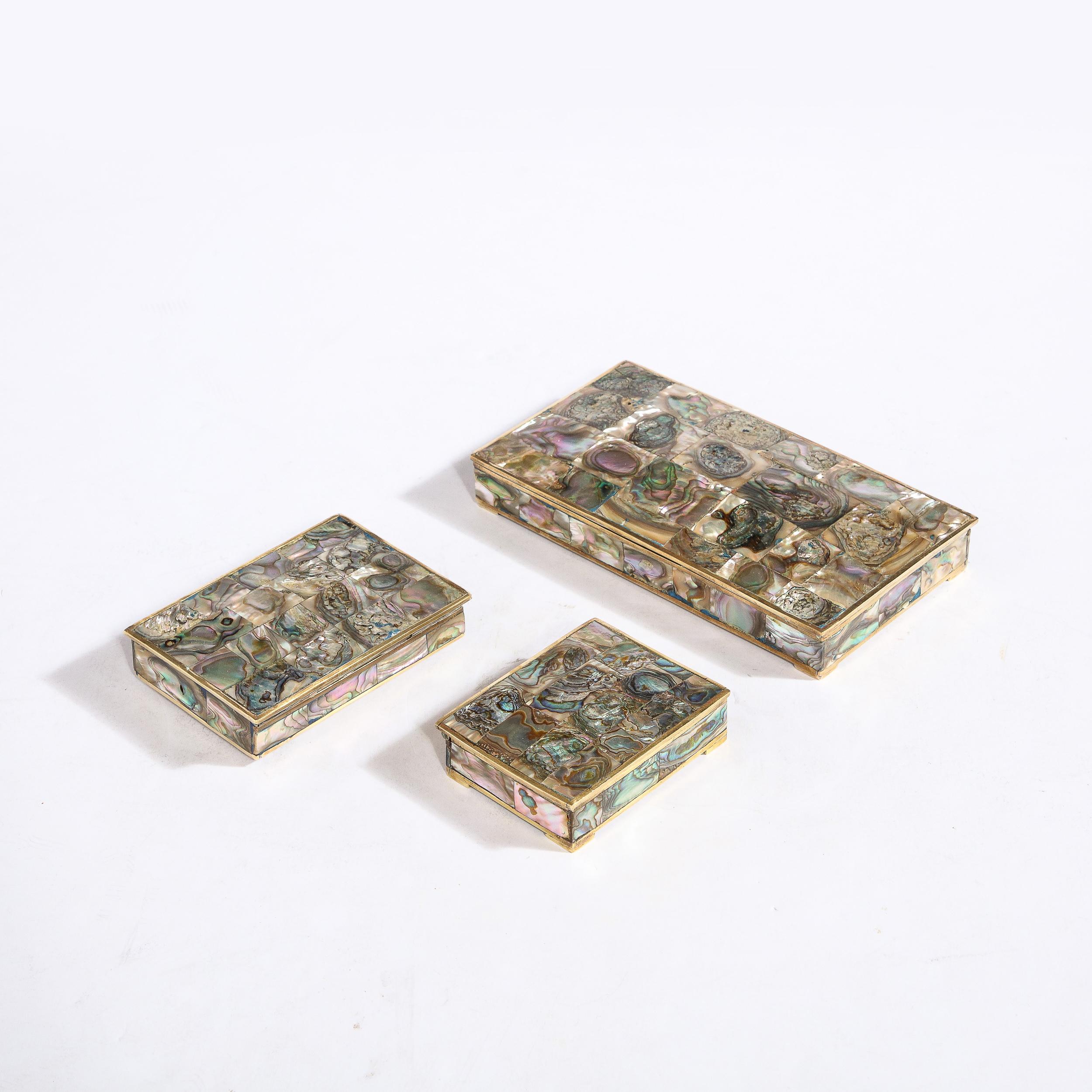 Philippine Mid-Century Modernist Trinket Boxes W/ Brass Frames & Tessellated Abalone Shell