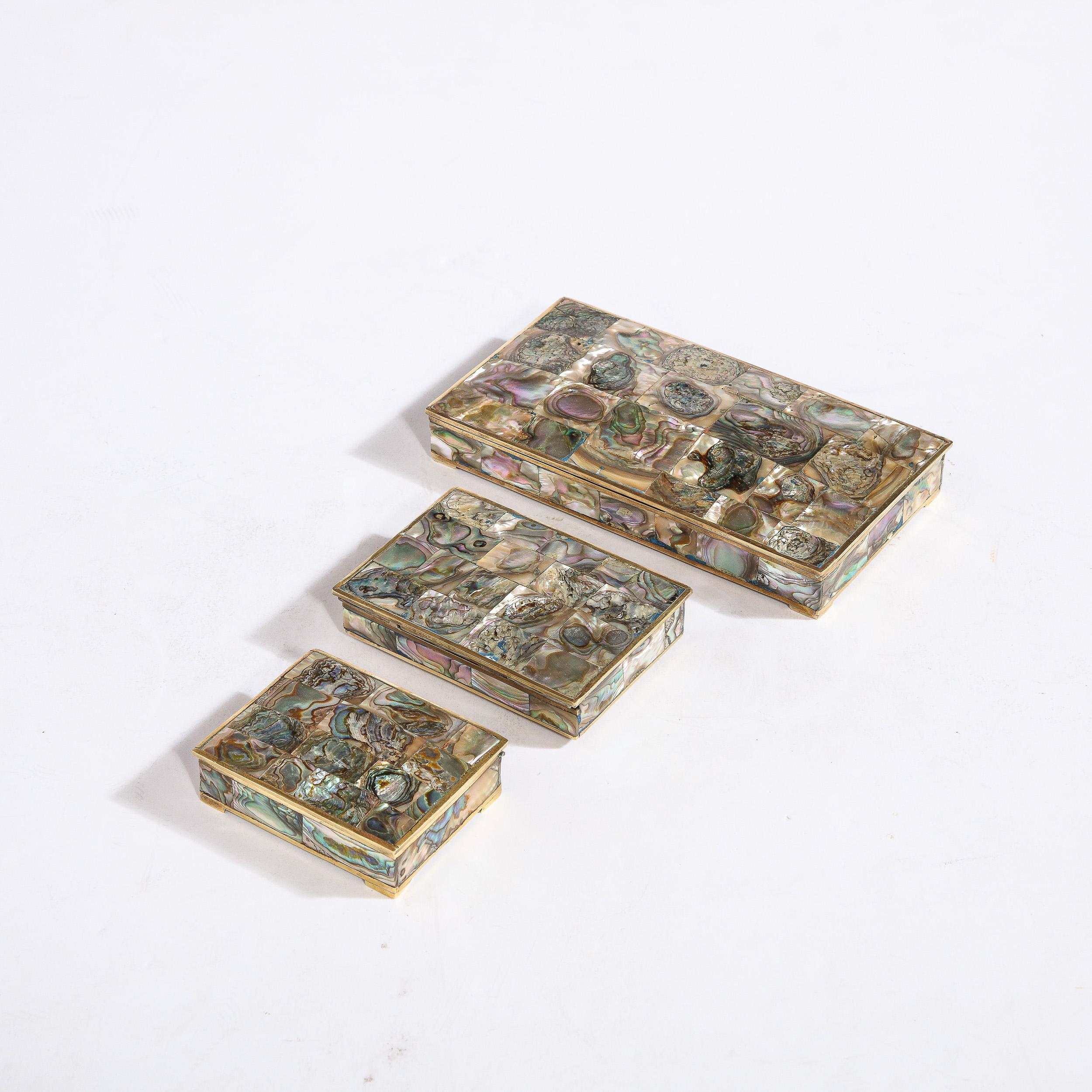Mid-Century Modernist Trinket Boxes W/ Brass Frames & Tessellated Abalone Shell In Excellent Condition In New York, NY