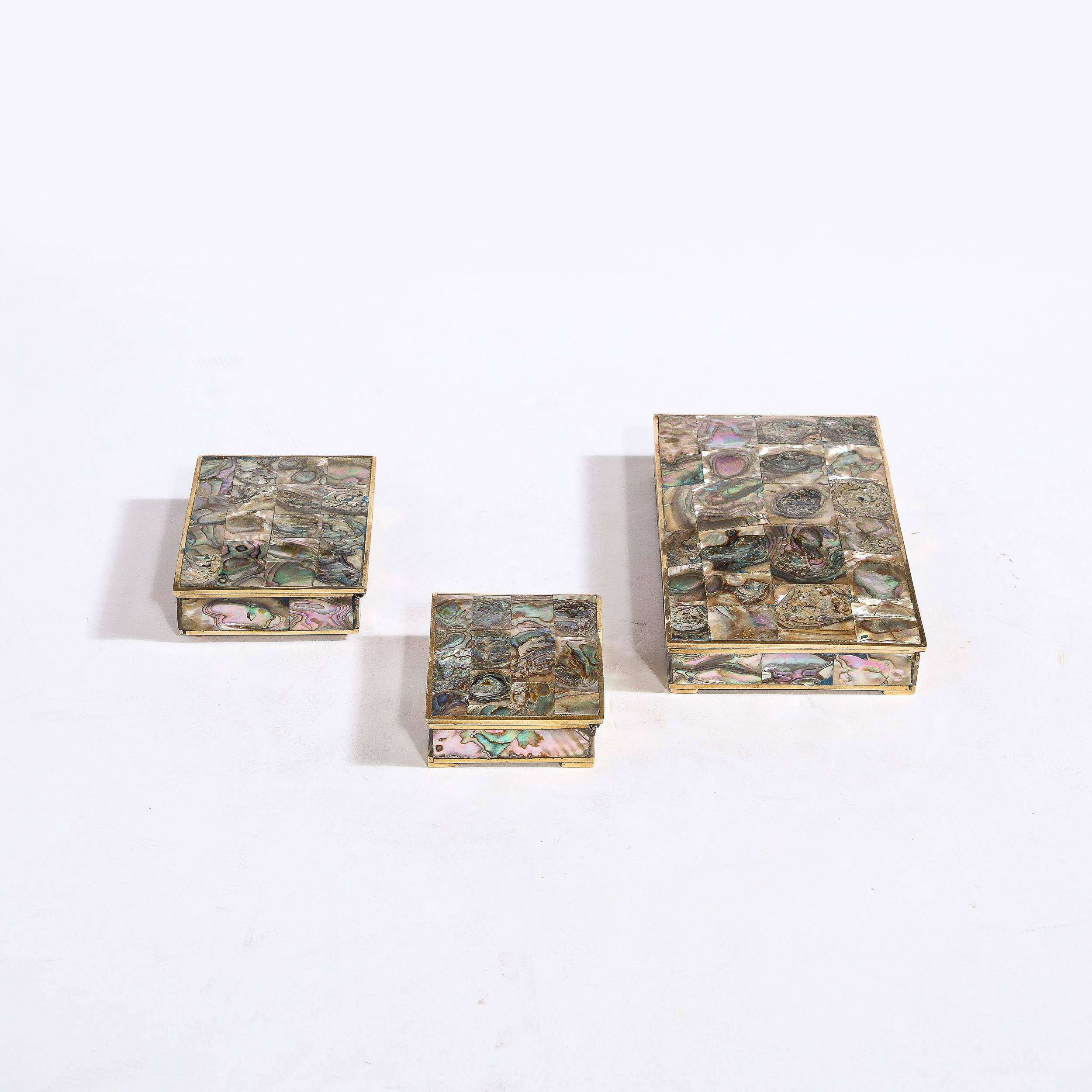 Mid-20th Century Mid-Century Modernist Trinket Boxes W/ Brass Frames & Tessellated Abalone Shell