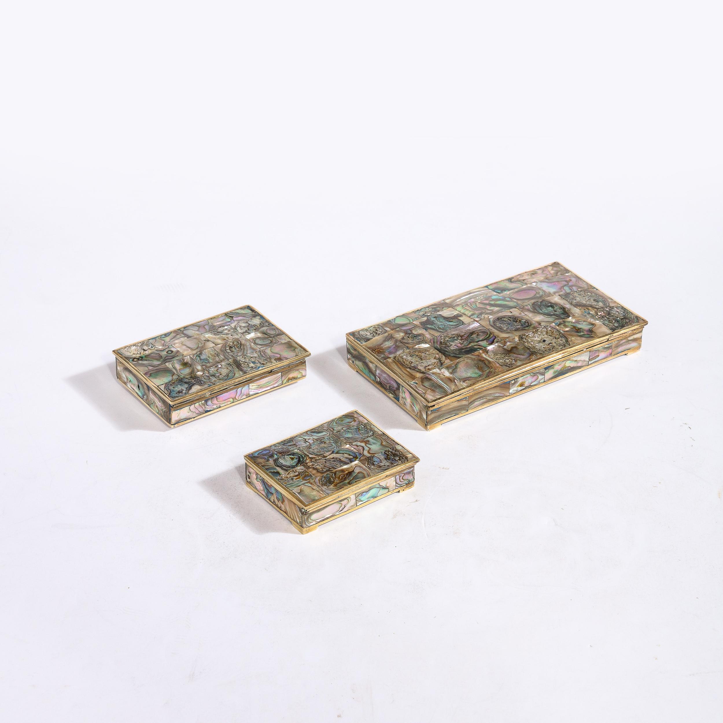 Mid-Century Modernist Trinket Boxes W/ Brass Frames & Tessellated Abalone Shell 1