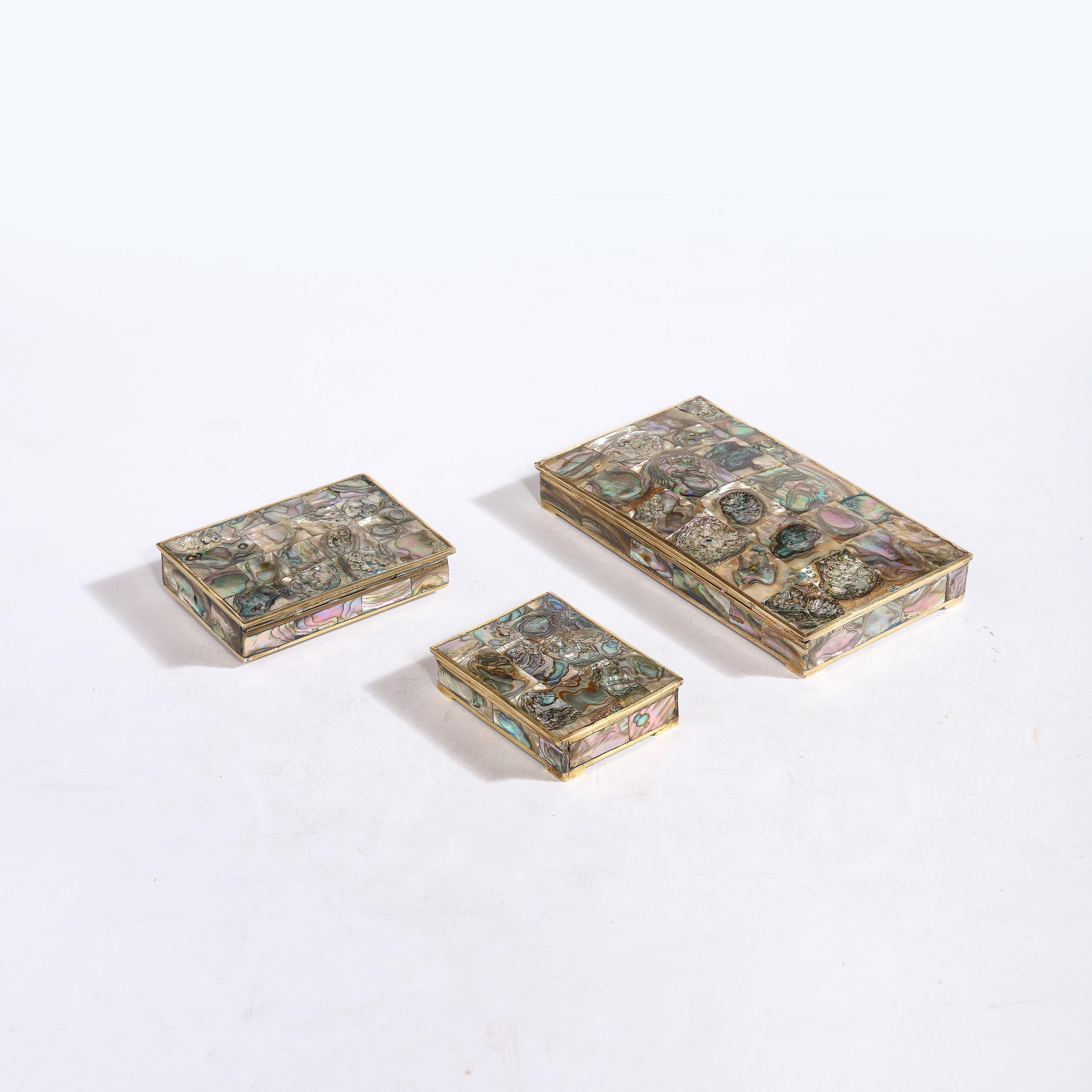 Mid-Century Modernist Trinket Boxes W/ Brass Frames & Tessellated Abalone Shell 2