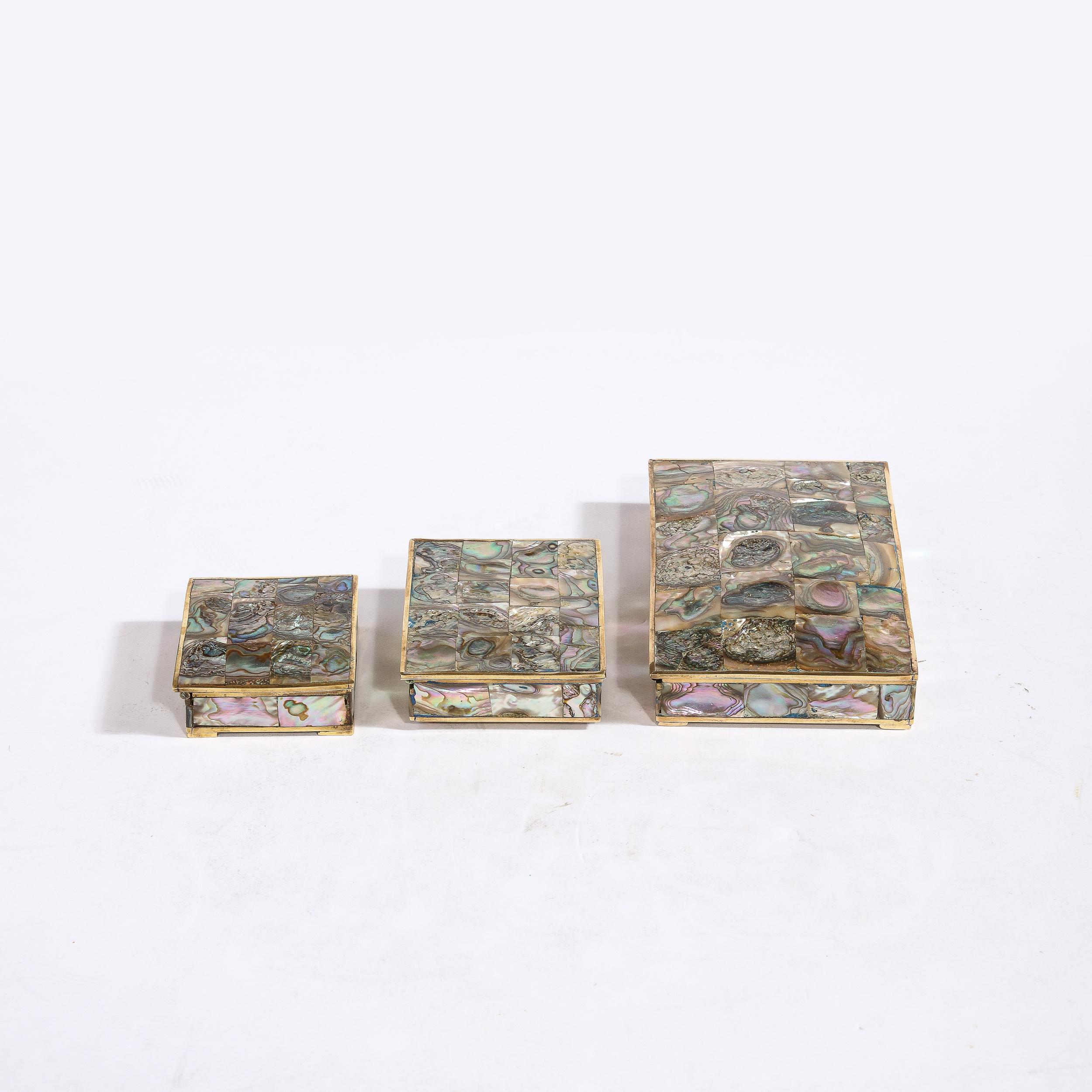 Mid-Century Modernist Trinket Boxes W/ Brass Frames & Tessellated Abalone Shell 3